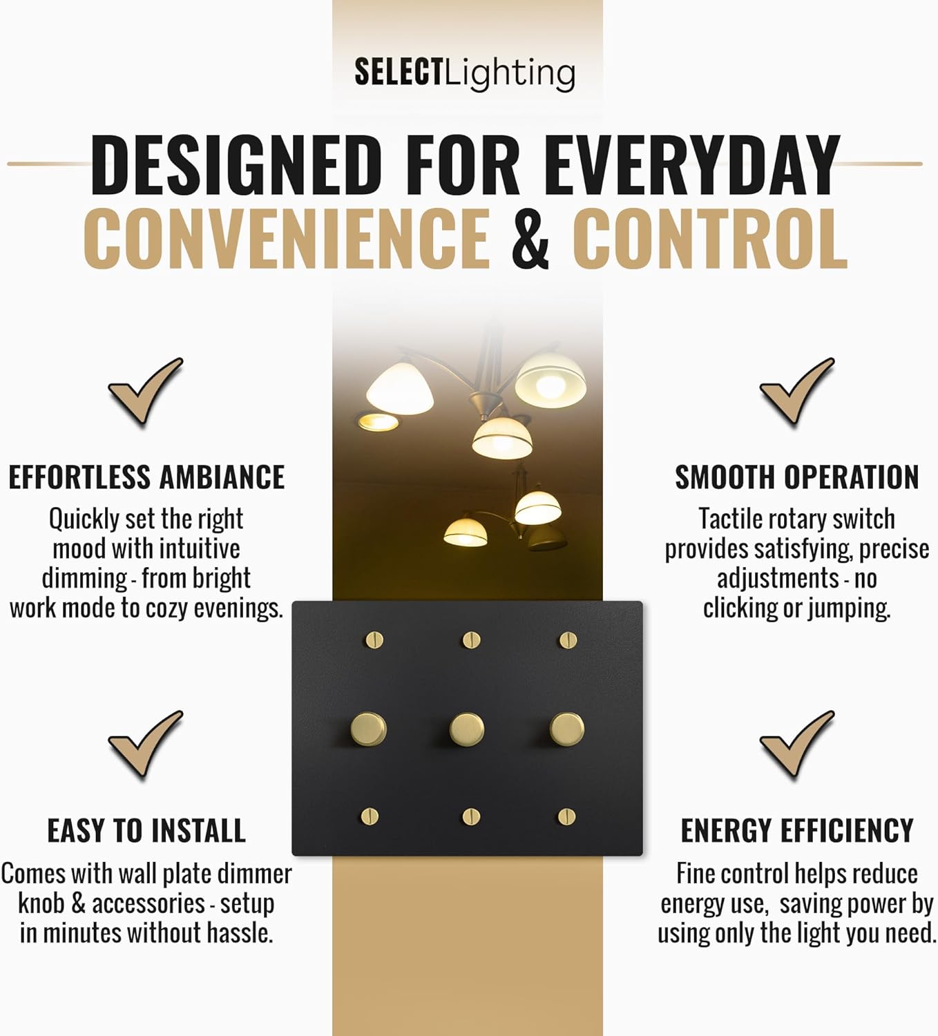 SELECT Black Brass Dimmer Light Switch, 1 Way Rotary Dimmer, 3 Gang TRIAC/Leading Edge Dimmable LED Light Switch, 15A 120V AC with Brass Knob, Faceplate & Dimming Module, UL Listed
