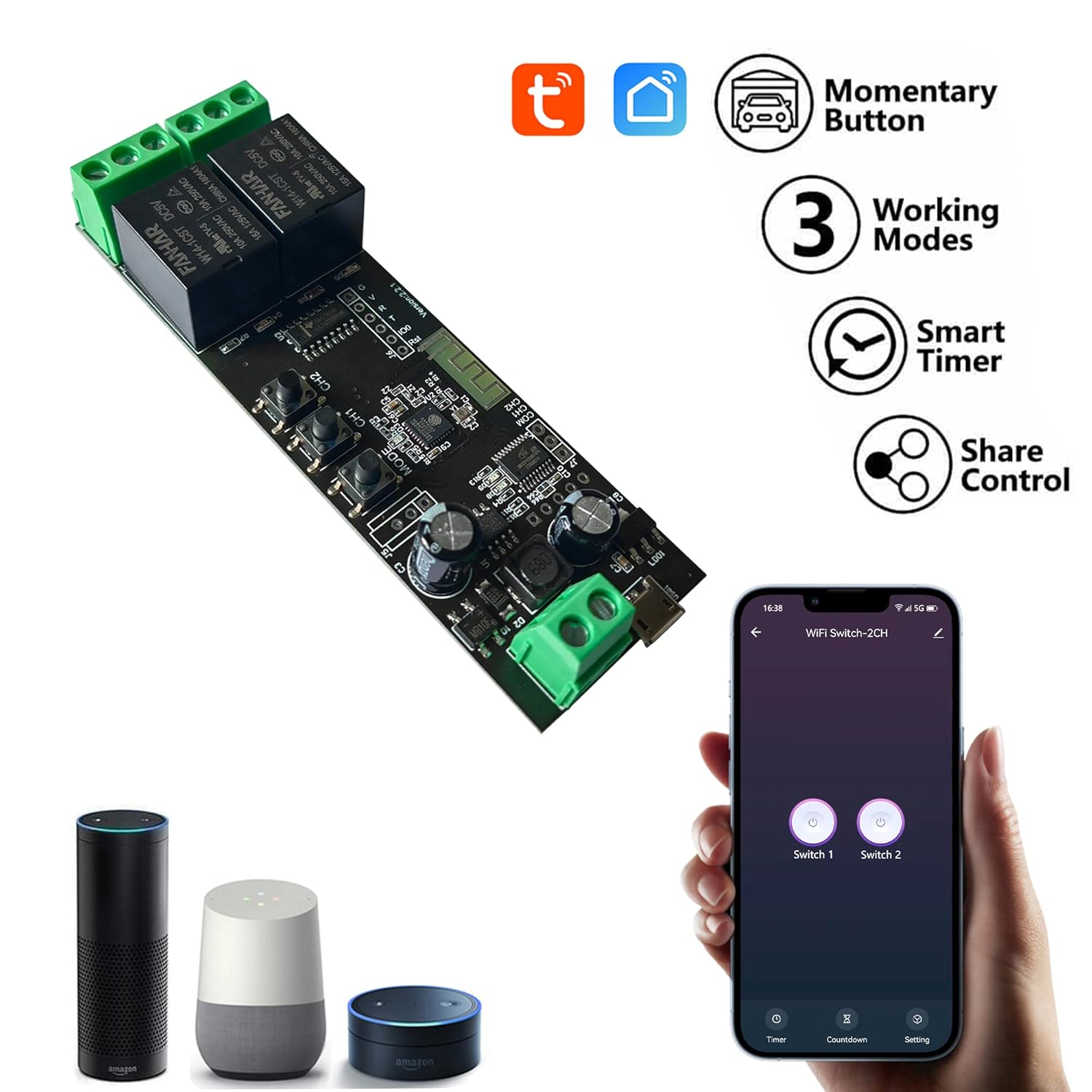 Jane Eyre 2 Channel WiFi Momentary/Self-Locking Relay Switch Module DC 7-32V DIY Switch Module TUYA/SmartLife APP Remote Switch Relay Compatible with Alexa Echo Google Home