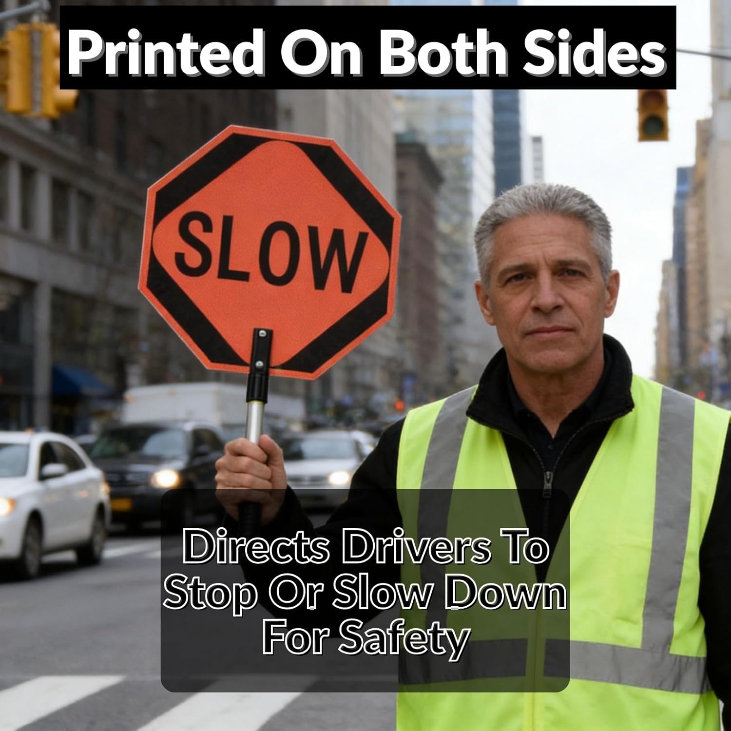 BESEA 12 Inch Handheld STOP & SLOW Sign, Double-Sided Reflective Paddle for Traffic Control, School Crossings, Construction Zones, Durable Non-Telescopic Handle, High-Visibility Safety Sign