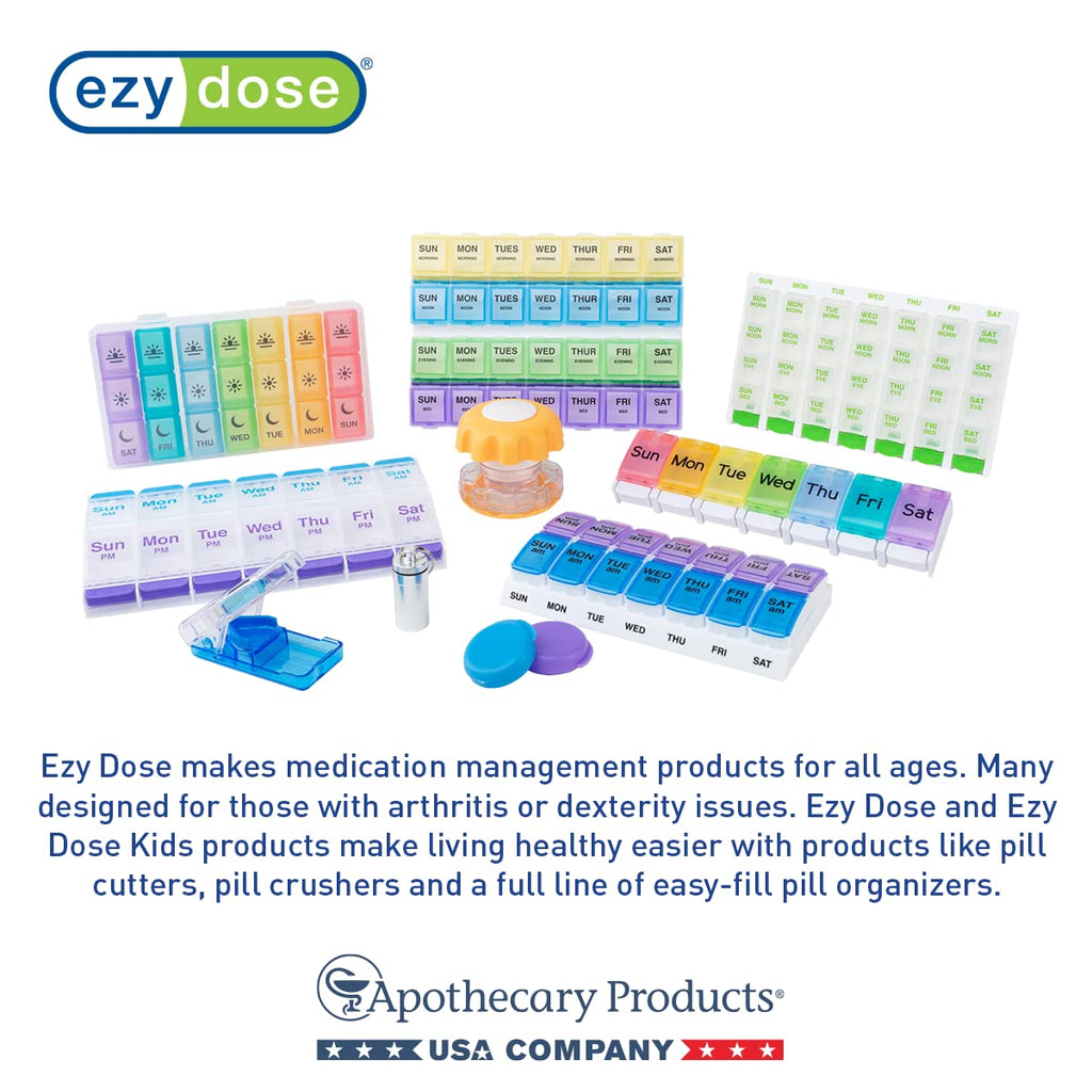 EZY DOSE Weekly AM/PM Pill Organizer, 7-Day Vitamin and Medication Box with Large Pop-Out Compartments, 2 Times a Day Pill Holder for Easy Dosing, Yellow and Blue Lids, Travel-Friendly Design