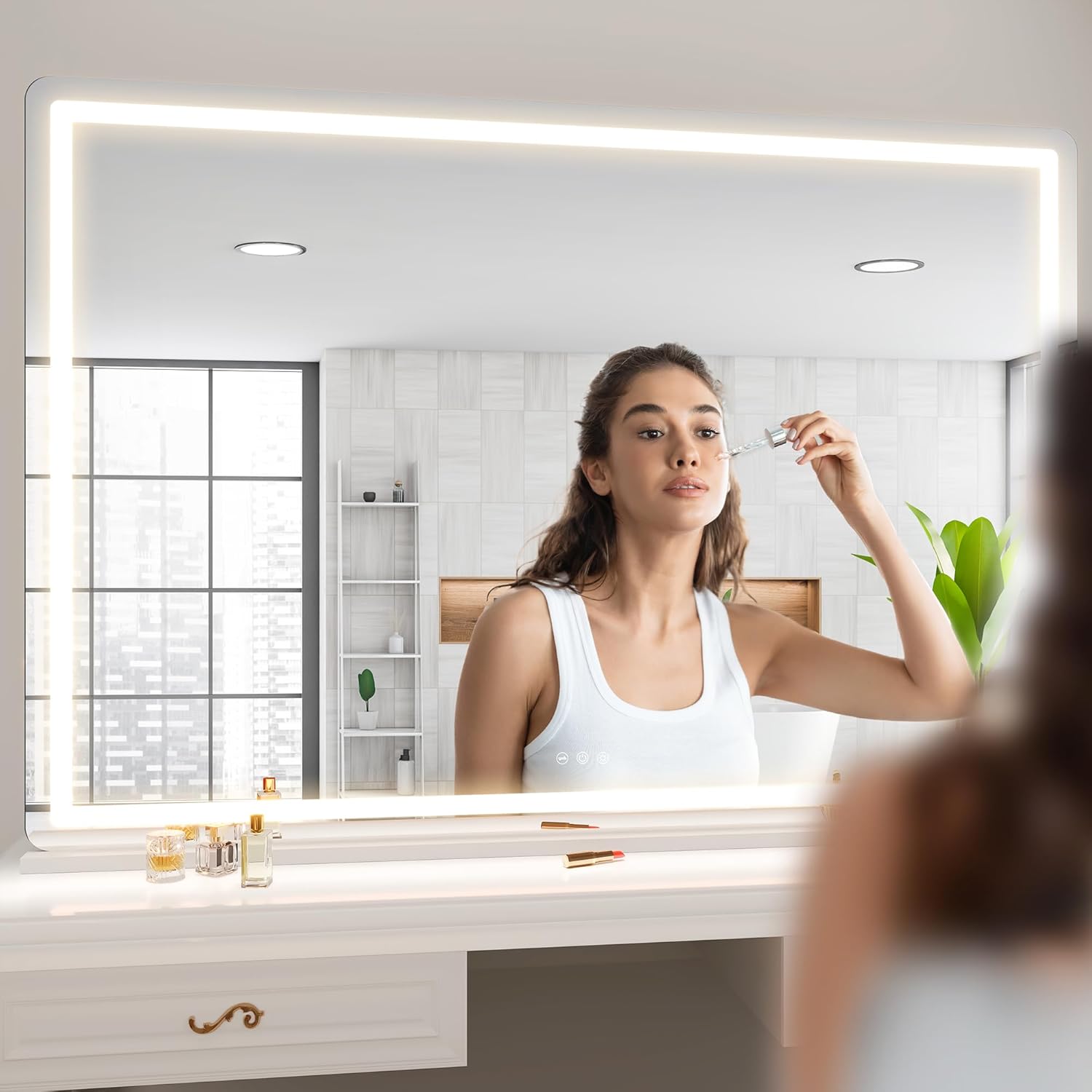 Hasipu Vanity Mirror with Lights, 50.2" x 34" LED Makeup Mirror, Lighted Makeup Mirror with Dimmable 3 Modes, Touch Screen Control Vanity Mirror Round White