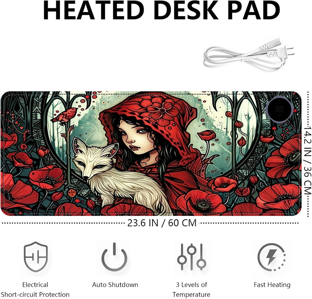 Heated Mouse Pad with 3 Levels Heated & 3 Hours Auto Shut-Off Mouse Pad for Warming Hands in Office Home, 23.6" x 14.2"Large Safe Desk Mat Hand Warmer，Girl White Fox