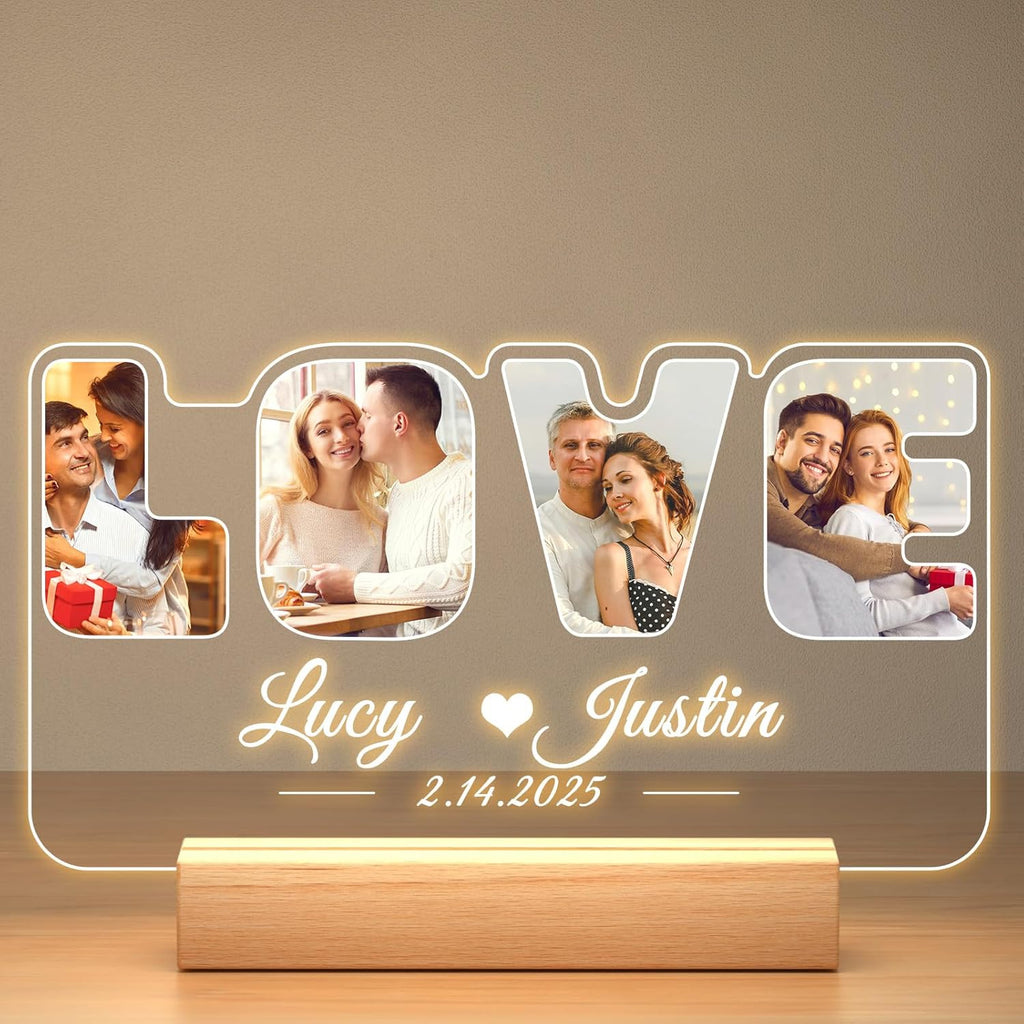 Custom Picture Frames with Photo, Personalized Photo Frame with Night Light, Customized Picture Frame, Personalized Anniversary Valentines Day Gifts for Women Men Her Him Girlfriend Boyfriend Couple