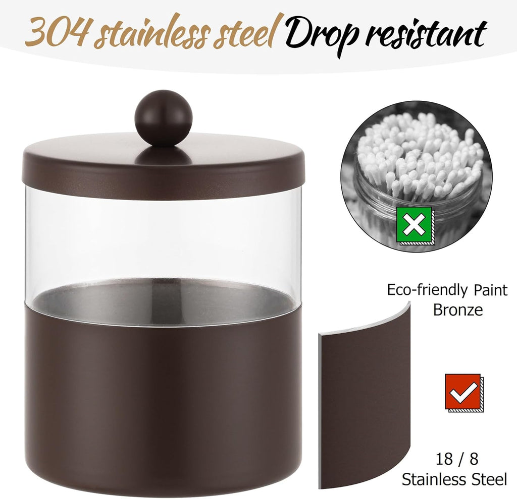 Gaussra Bronze Qtip Holder, Bathroom Jar - Stainless Steel Apothecary Jars with Stickers - Farmhouse Decor Qtip Dispenser for Qtips, Cotton Balls, Swabs, Makeup Sponges (2-Pack)