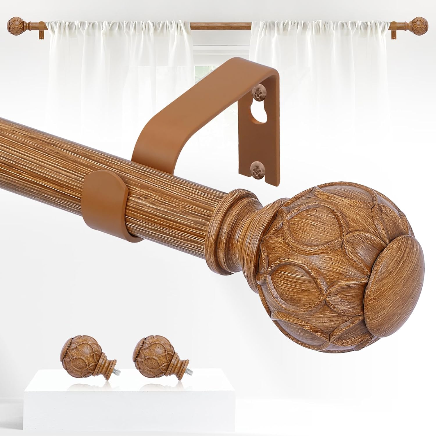 Wood Boho Curtain Rods for Windows:18-60Inch Wooden Farmhouse Curtain Rod for Bedroom Living Room,Heavy Duty Adjustable Rustic Decorative Drapery Rods with Vintage Imitation Wood Finial,Brown