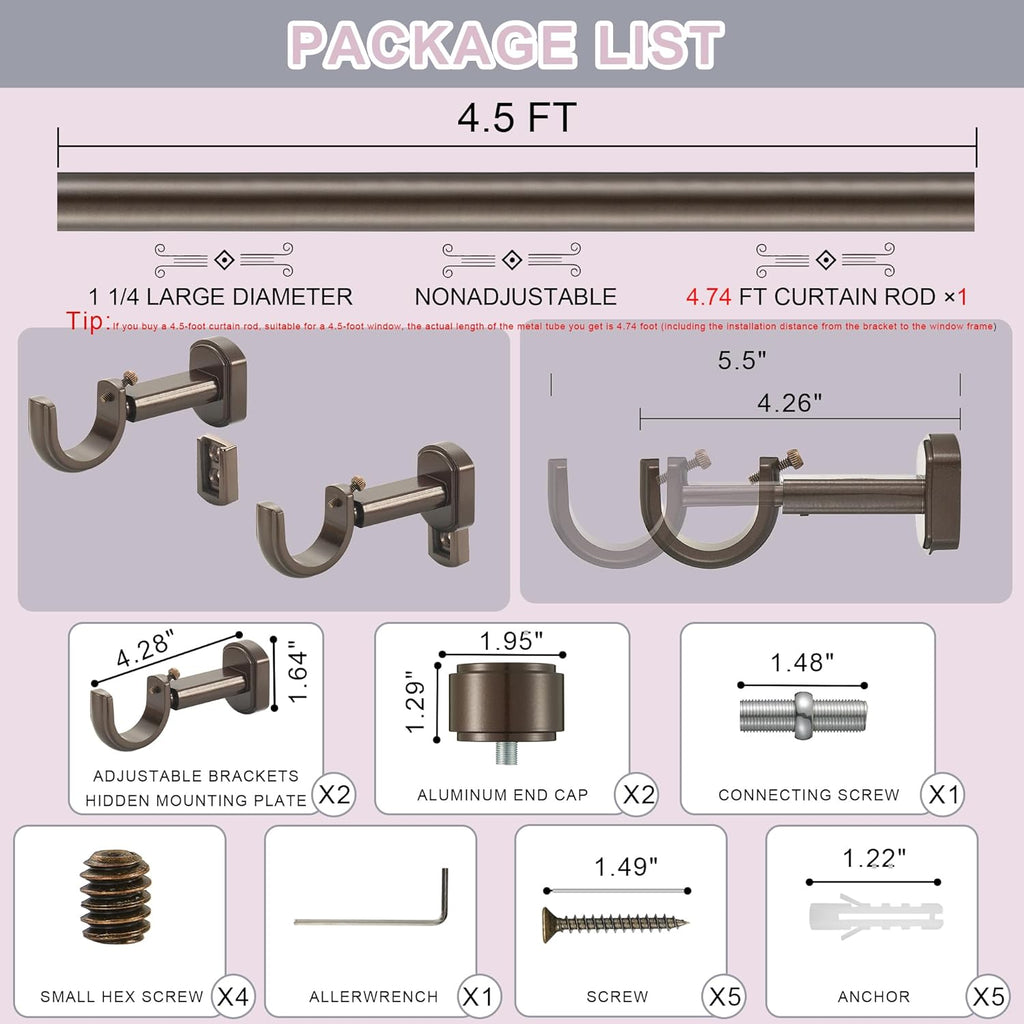 Heavy Duty Curtain Rods,1 1/4" Large Diameter Premium Nonadjustable Curtain Rod,54in/4.5ft Custom Window Treatment Rods with Durable Aluminum Brackets and End Caps,Dark Bronze Finish
