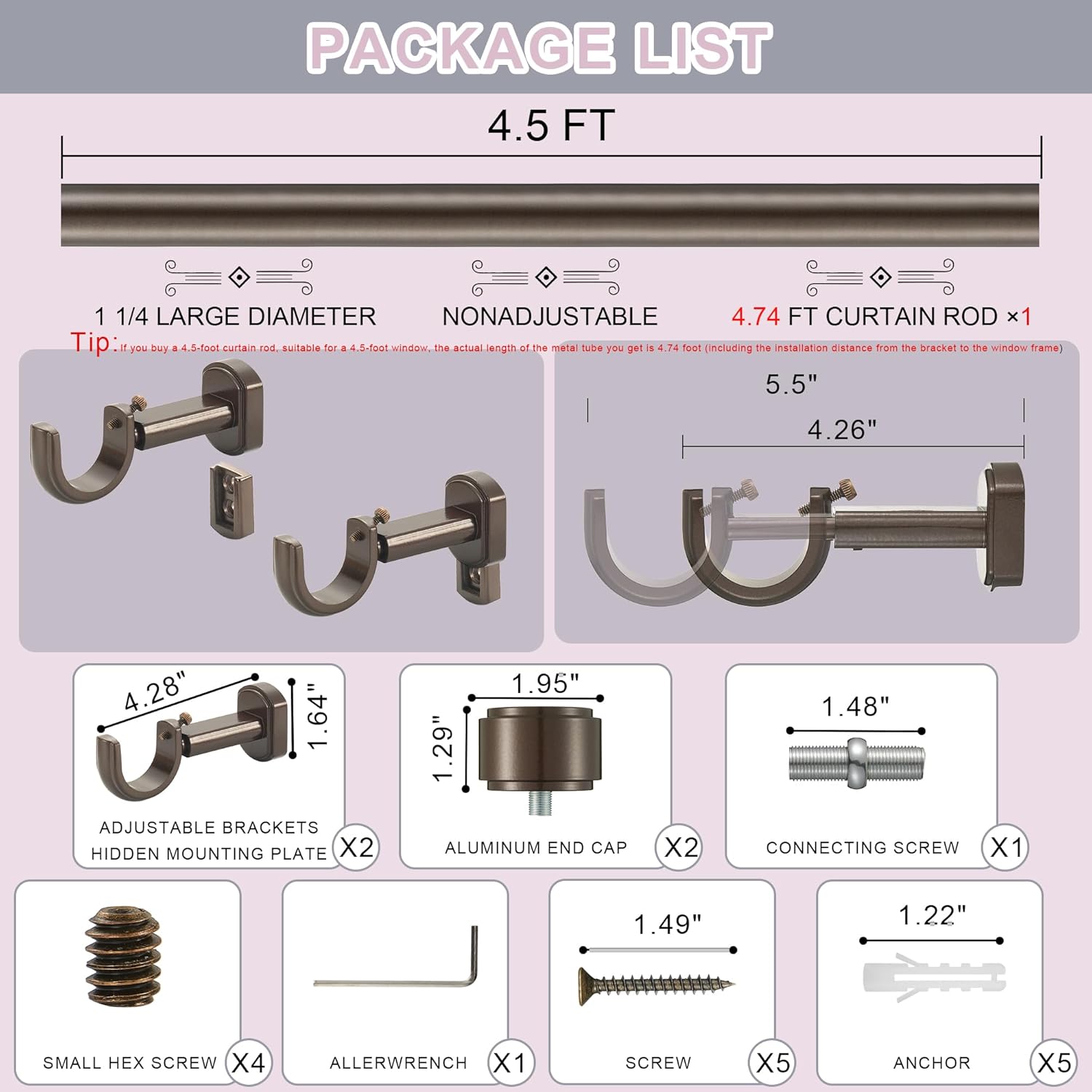 Heavy Duty Curtain Rods,1 1/4" Large Diameter Premium Nonadjustable Curtain Rod,54in/4.5ft Custom Window Treatment Rods with Durable Aluminum Brackets and End Caps,Dark Bronze Finish