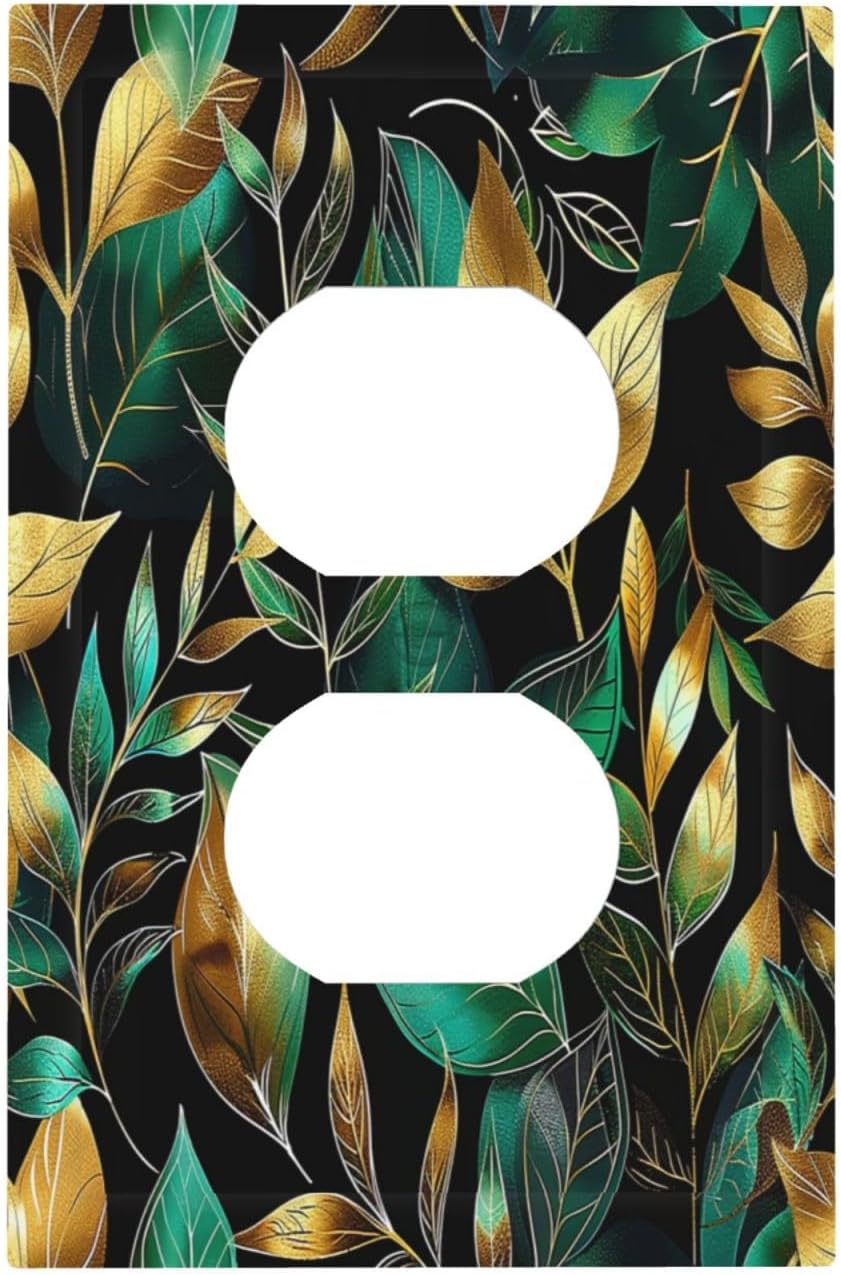 Outlet Covers Vintage Dark Green Vine Leaf Golden Plants 1 Gang Duplex Light Switch Cover Decorative Switch Plates Electrical Receptacle Faceplate Wall Plate for Bed Room Cabin Decor
