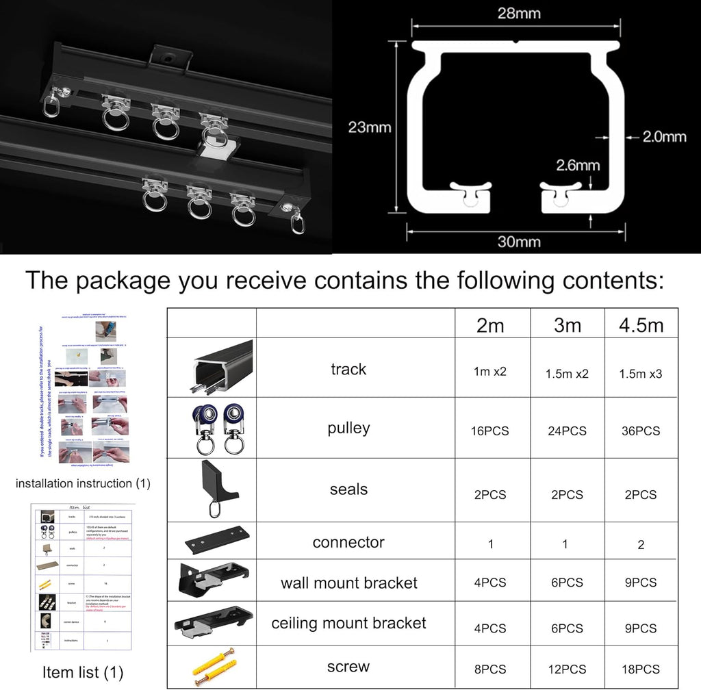 Ceiling Curtain Track Ceiling Mounted Curtain Rail for Curtains, Drapes, and Room Dividers Ceiling or Wall Mount Curtain Track Room Divider-Sliding Curtain Rail for Living room (black, 3m)