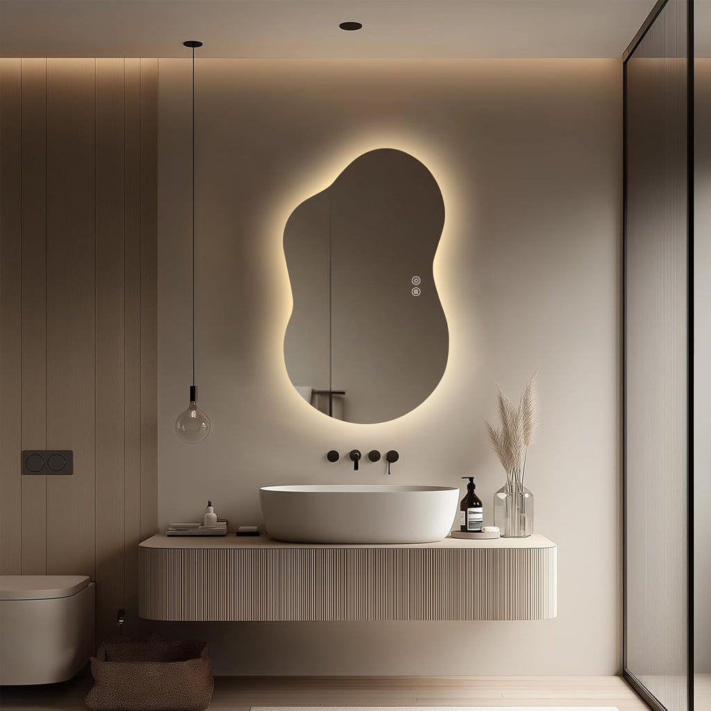 LED Bathroom Mirror with Lights 24x40, Stepless Dimmable Irregular Backlit Mirror with 3 Colors, Anti-Fog, Memory, Al-Alloy Lampshade, Frameless Smart Mirror for Bathroom (Horizontal/Vertical)