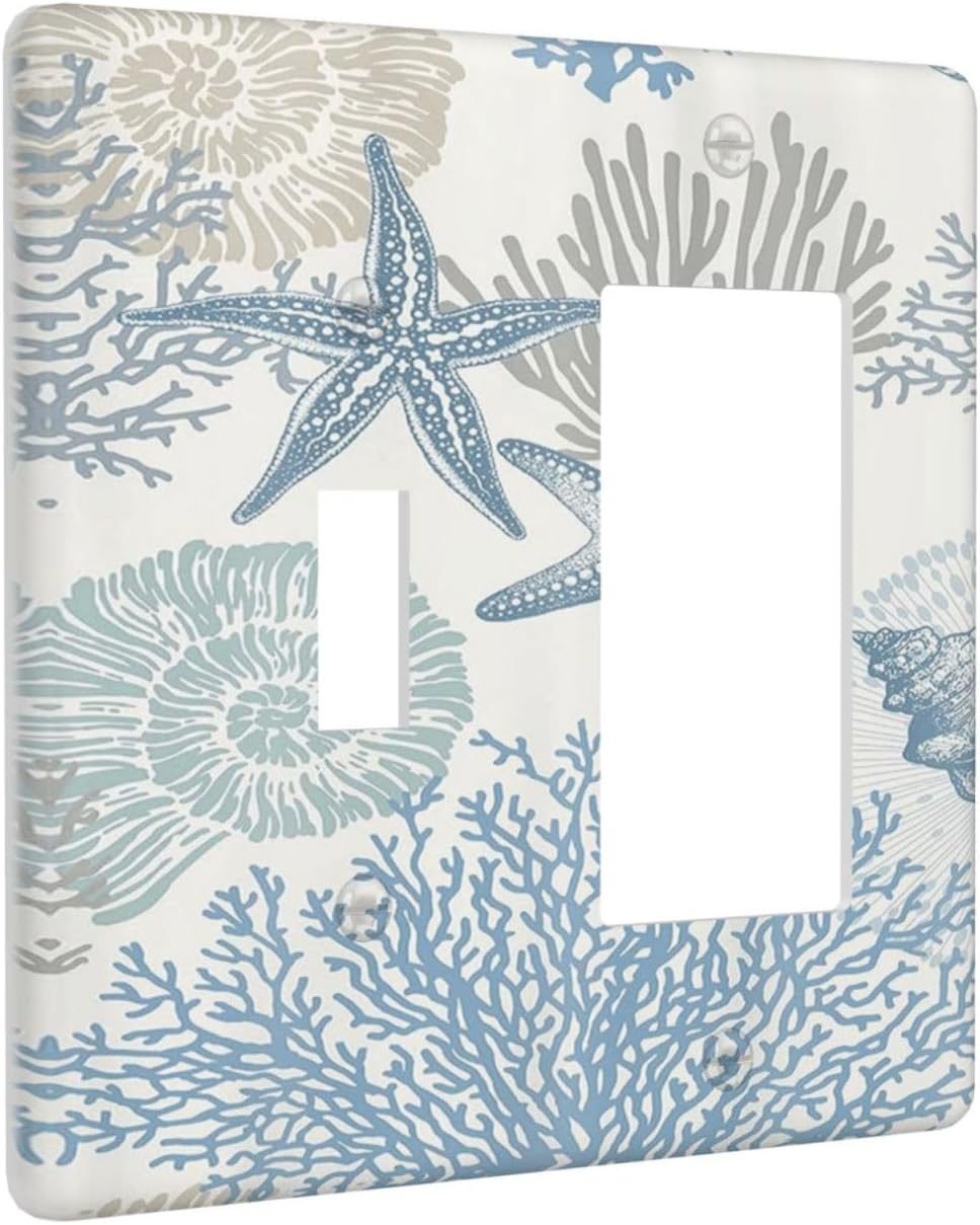 Decorative Outlet Covers Blue Starfish Coral Seaweed 2 Gang Wall Plate Single Toggle 1 Rocker Light Switch Cover Switch Plate Covers for Bathroom Bedroom Home Decor