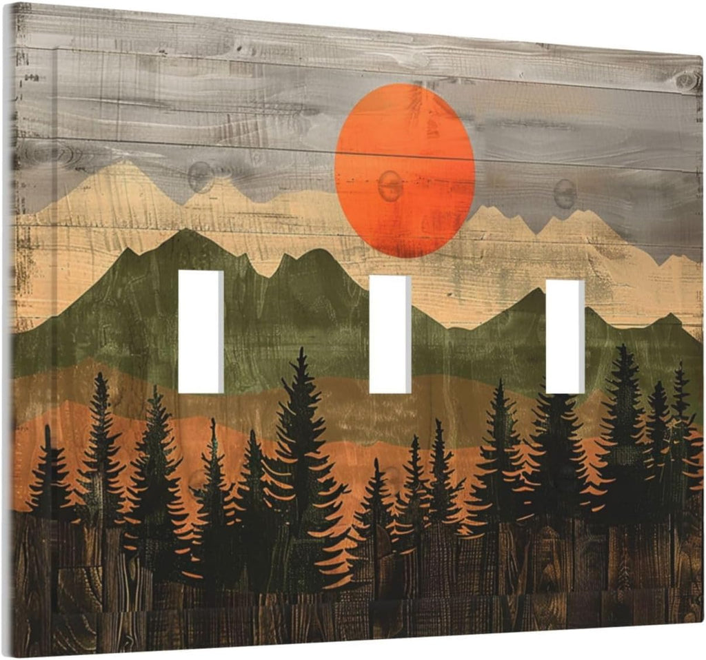 Decorative Switch Plates Vintage Wood Grain Sun Forest Mountains 3 Gang Wall Plate Triple Toggle Light Switch Cover Faceplate Electrical Wall Panels for Farmhouse Cabin Decor
