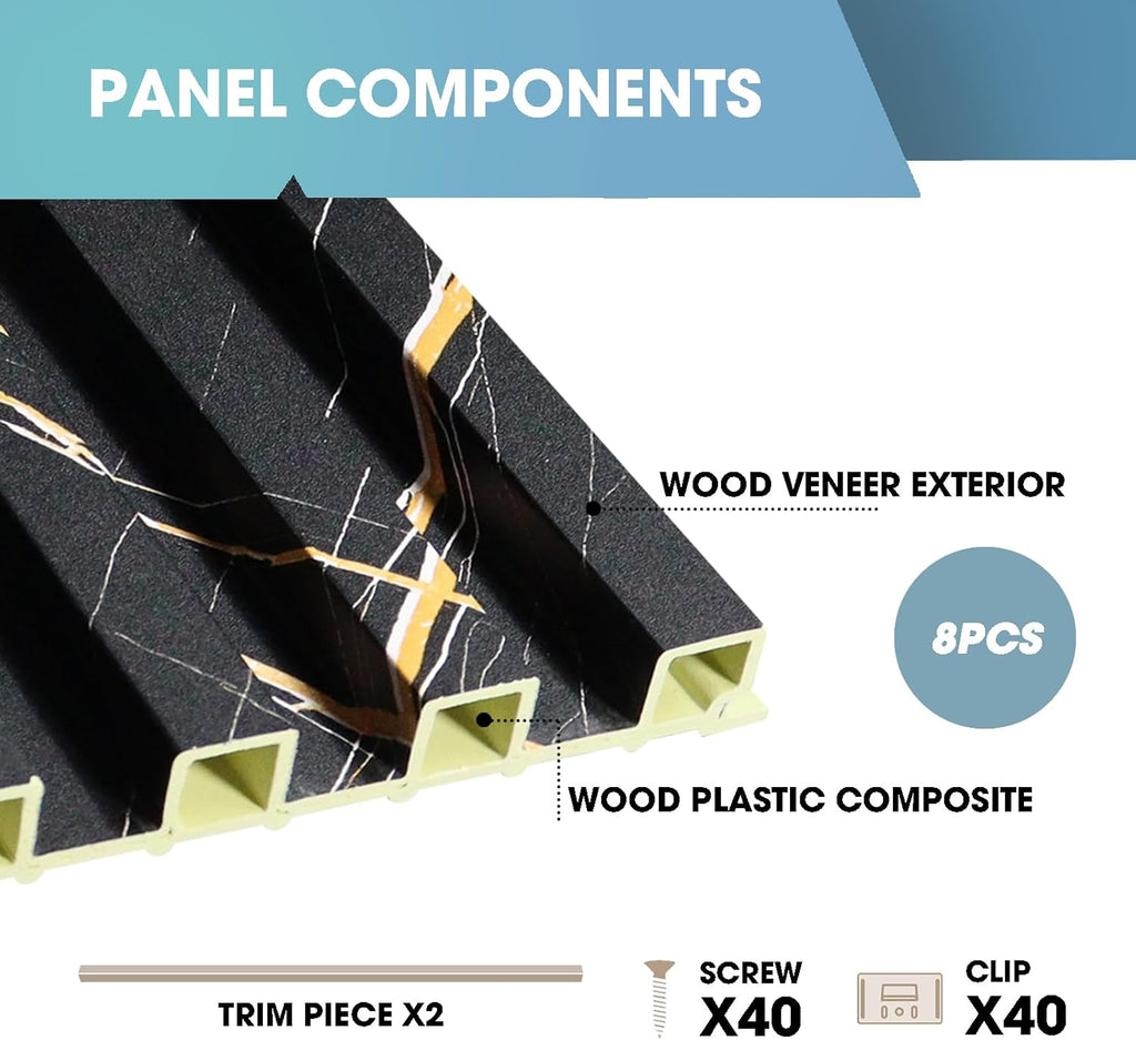 OUZUGIE WPC Acoustic Slat Wall Paneling, 8-Pack 114 x 6 Inches 3D Wall Panels for Interior Wall Decor,Living Room,TV Background,Study Room,Office Spaces,Bedroom,High Grille (Black Marble)