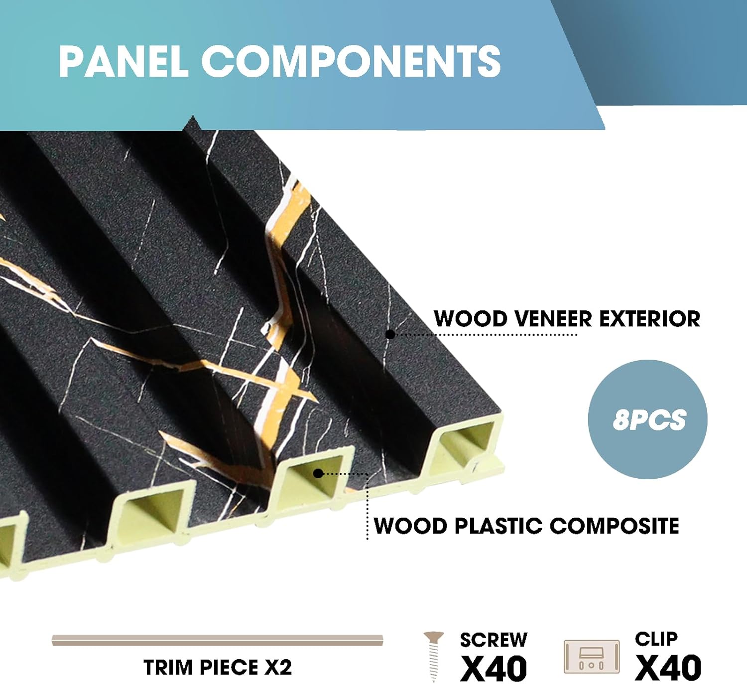OUZUGIE WPC Acoustic Slat Wall Paneling, 8-Pack 114 x 6 Inches 3D Wall Panels for Interior Wall Decor,Living Room,TV Background,Study Room,Office Spaces,Bedroom,High Grille (Black Marble)
