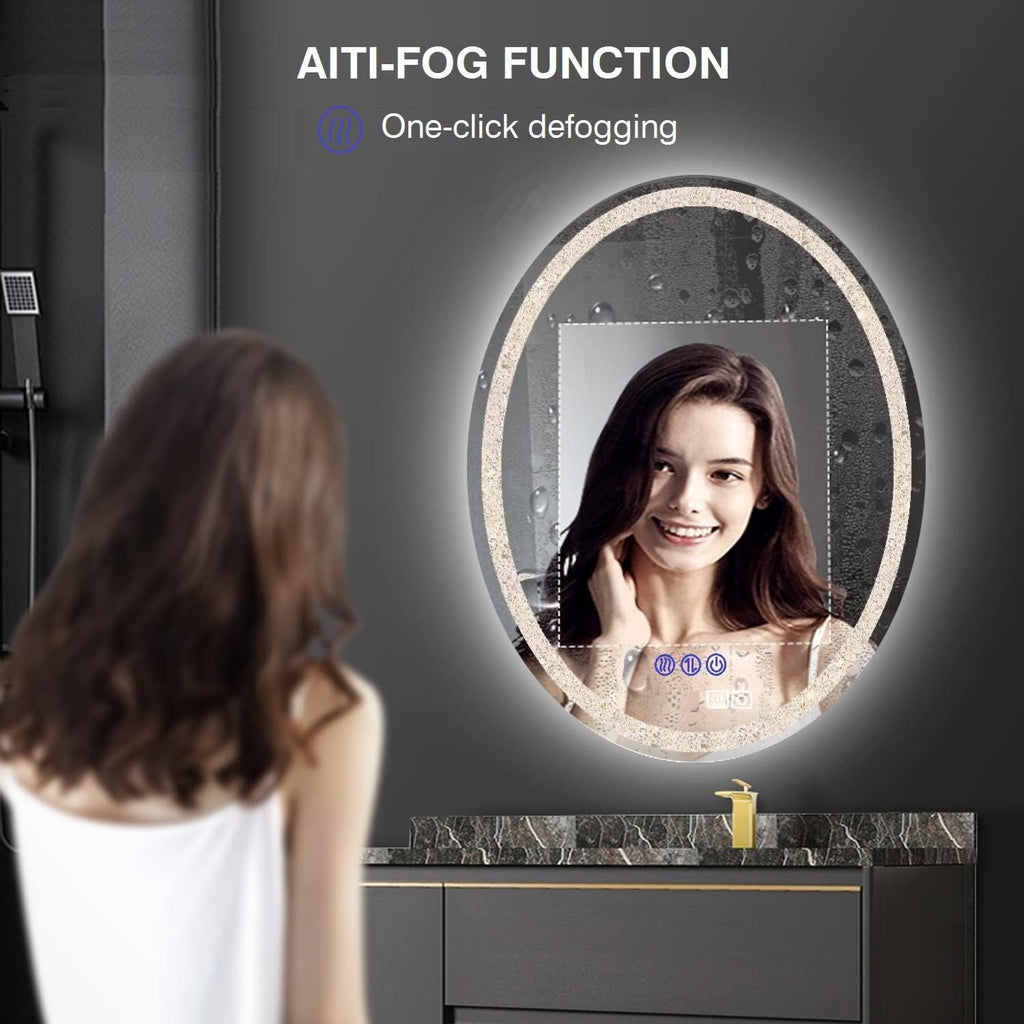 LED Oval Crystal Bathroom Vanity Mirror with Lights - 20x30inch Smart Wall Mirror with 3Color Anti-Fog Dimmable Touch Memory Crystal Light