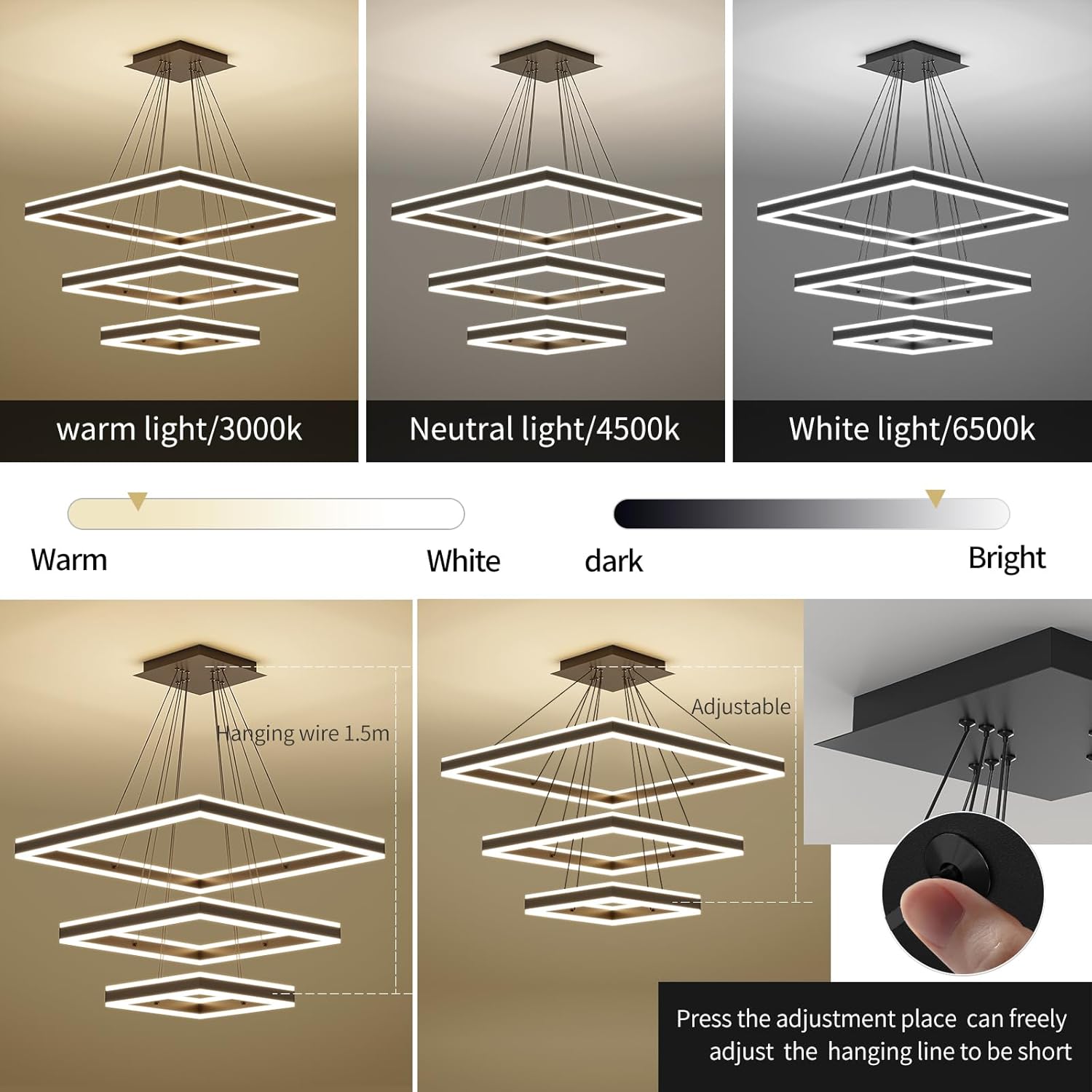 Ceiling Chandelier, with Remote Control Dimmable 3 Color Mode & Brightness (Warm & Cool & Neutral Light) Ceiling Chandelier, Acrylic Anti-Flicker Dining Light Fixture for Kitchen