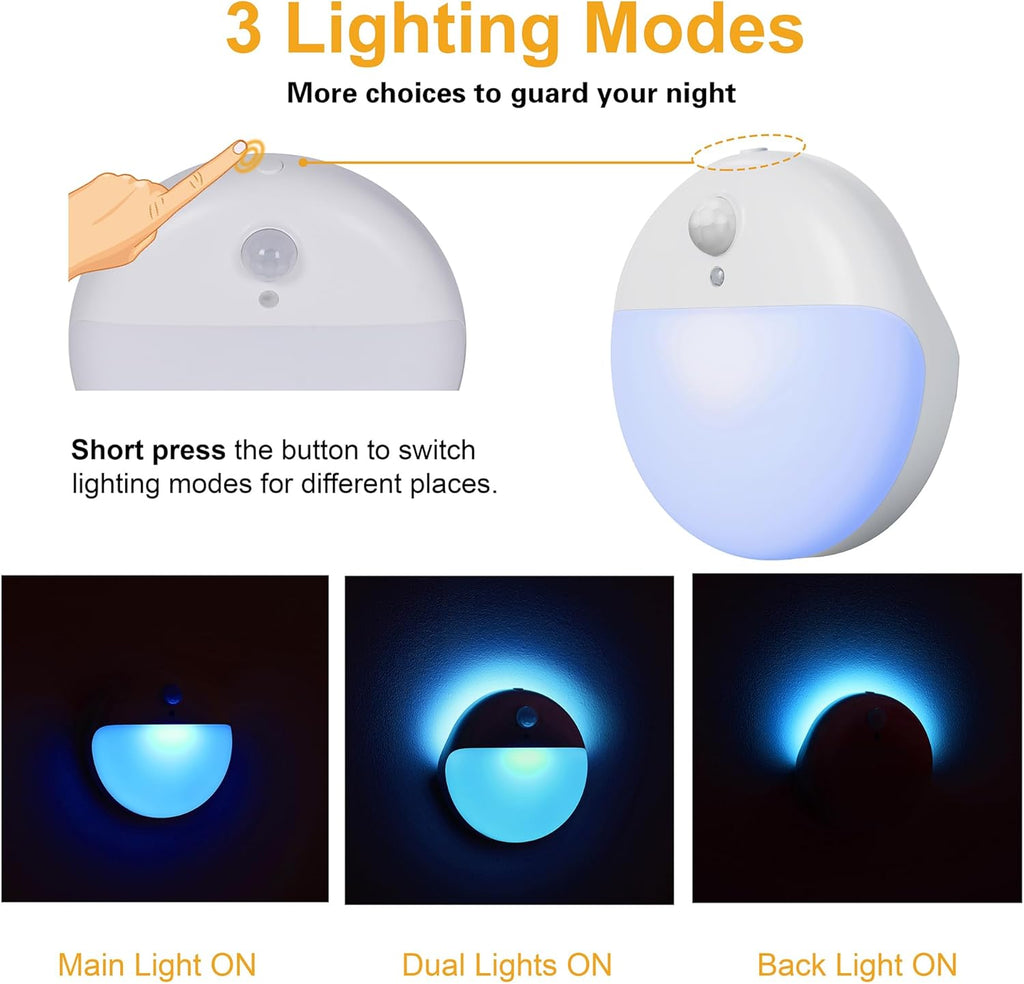 2 Pack Azure Battery Night Light, Motion Activated Night Light, 2.6" Small Sticky Lights, 3 Light Modes, Dimmable Battery Operated Lights for Travel, Toilet, Bathroom, Closet, Stairs,Corridor