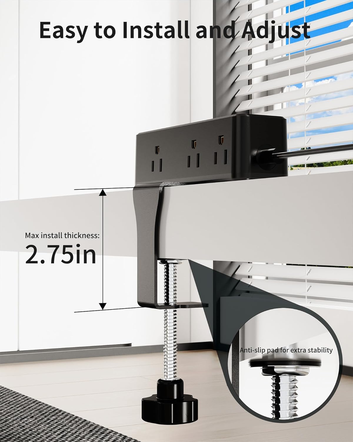 Desk Clamp Power Strip 15FT, Desktop Edge Mount Charging Station with 9 AC Outlets, 1700J Under Desk Surge Protector, Fit 2.75" Tabletop, Extension Cord for Home Office, Black