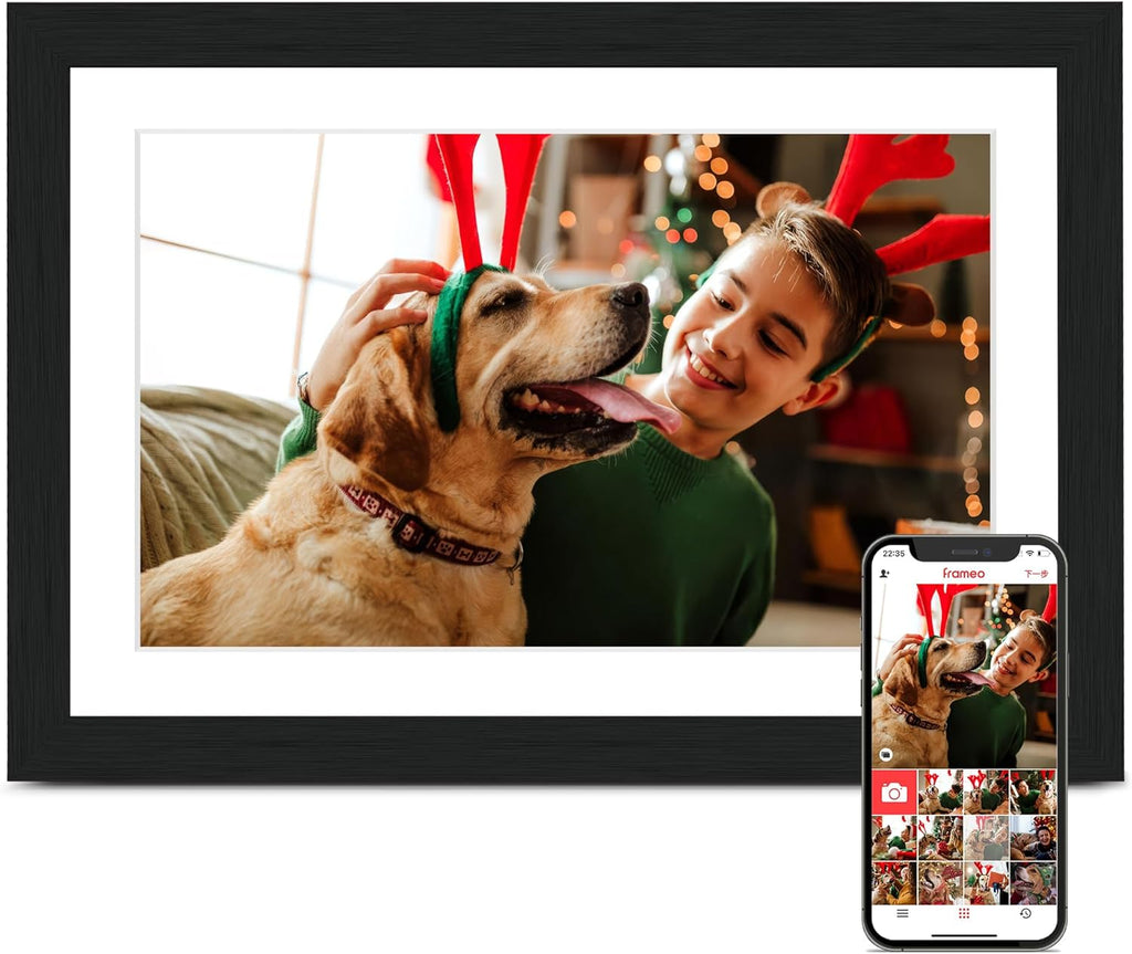 Digital Picture Frame, Frameo Digital Photo Frame WiFi, 10.1 Inch Electric Frame 1280 * 800IPS Touch Screen, 32GB Memory, Auto-Rotate, Share Videos Pictures, Gifts for Women, for Mom, Black Wooden