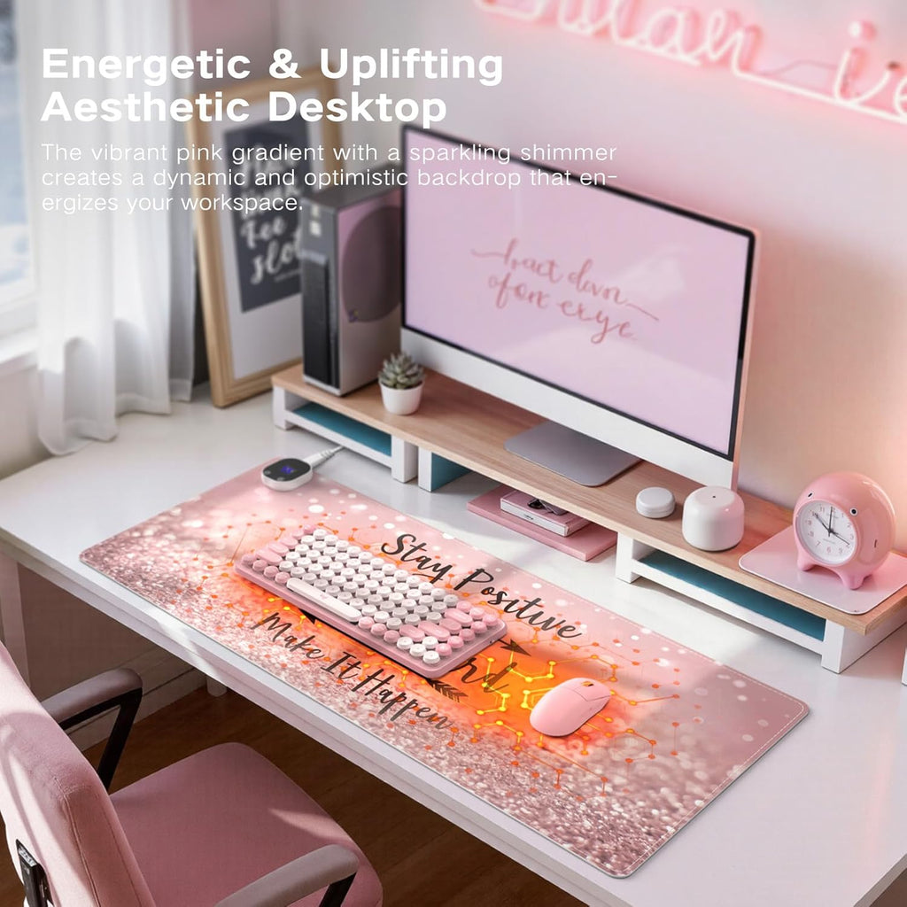 iCasso Heated Mouse Pad, Pink Mouse Pad, XL Aesthetic Heated Desk Pad with 4 Heating Levels for Computer Keyboard, 31.5" x 13" Large Mousepad for Home Office Work (Pink Stay Positive)