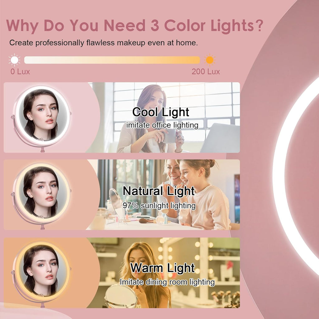 Lighted Makeup Mirror, 3000 mAh Rechargeable Double Sided Magnifying Vanity Mirror with 3 Colors, 1x/10x, 360° Rotation , Brightness Adjustable Magnification Cosmetic Light up Mirror, Women Gift