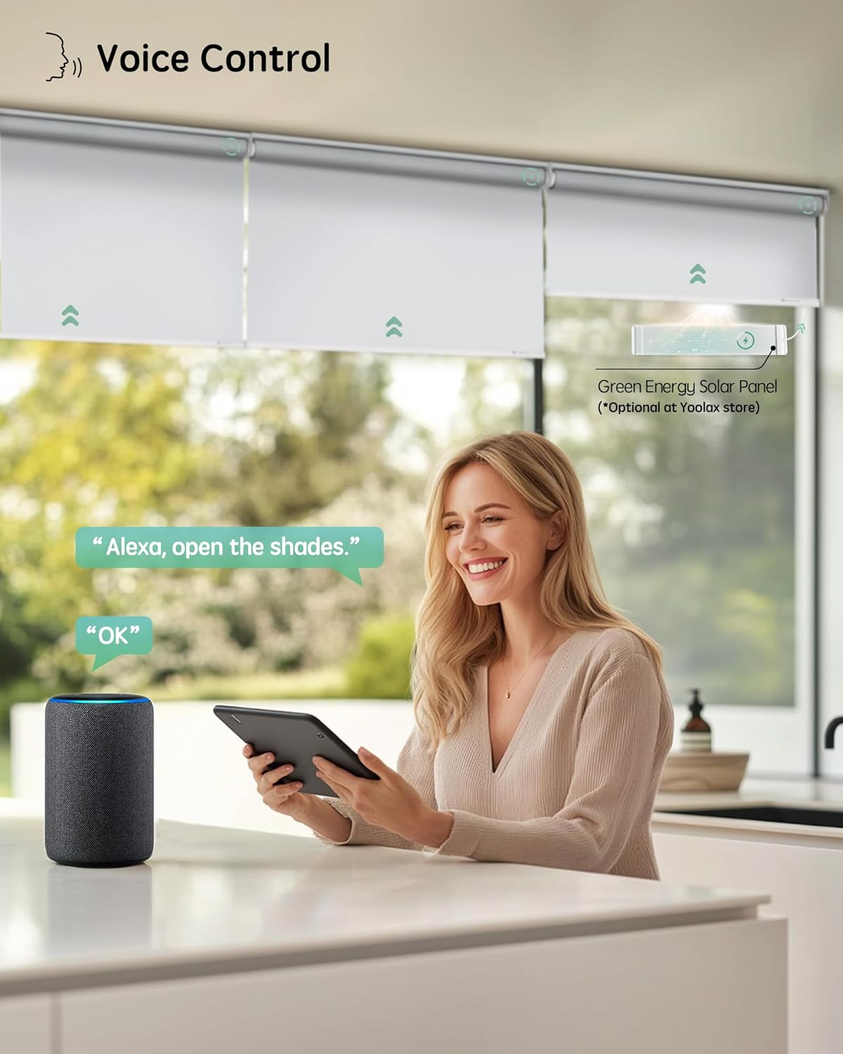 Yoolax Motorized Blinds with Remote, Blackout Smart Blinds for Windows Motorized Waterproof Roller Shades, Automatic Window Shades Work with Alexa Custom Size (Blackout-Vinyl White)