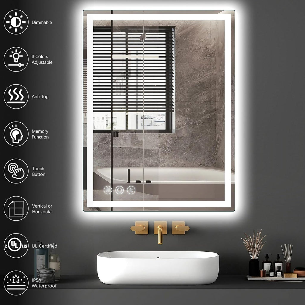 Bathroom Mirror, 28"x 36" Vanity Mirror with Lights, LED Mirrors with Anti-Fog, Stepless 3 Colors Temperature & Dimmable, Memory Tempered Glass Bathroom Mirrors for Over Sink