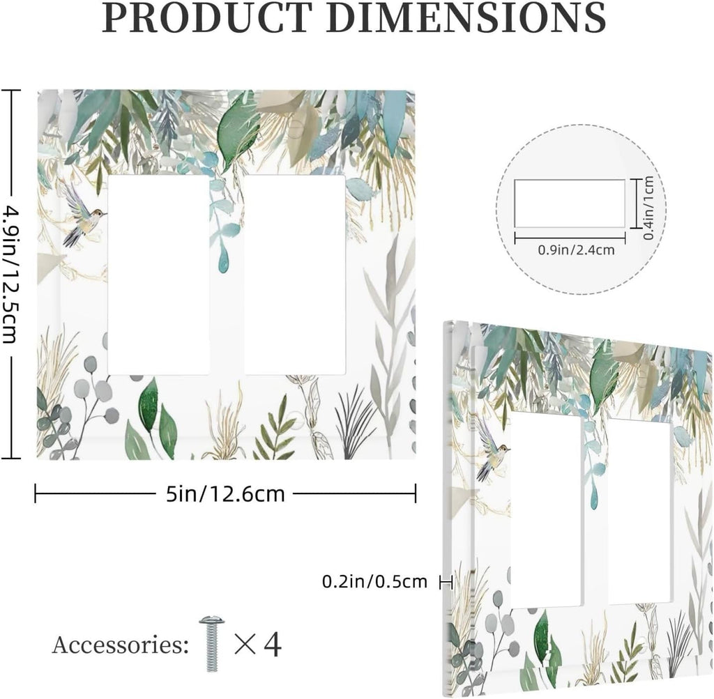 Green Tropical Palm Leaves Flower Plants Hummingbird Decorative Outlet Covers 2 Gang Double GFCI Rocker Electrical Wall Panels Light Switch Cover Plate for Bed Room Living Room Decor