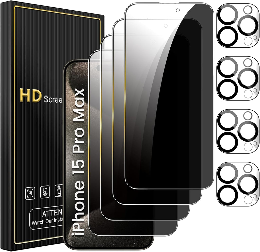 4 Pack Privacy Screen Protector for iPhone 15 Pro Max 6.7 Inch with 4 Pack Camera Lens Protector, Anti Spy Tempered Glass Film, Anti-Scratch, Touch Sensitive, Case Friendly