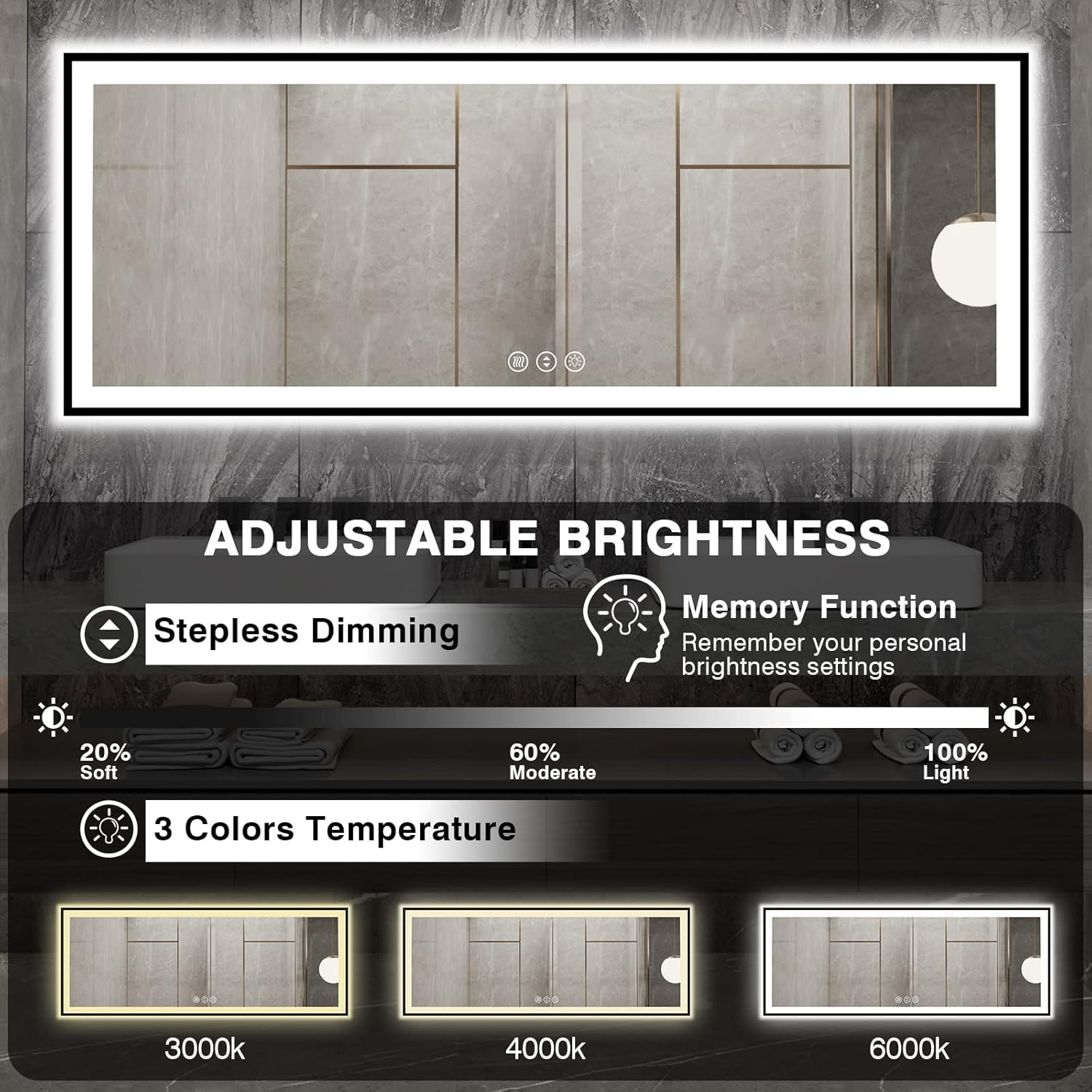 84x32 Large LED Bathroom Mirror - Black Aluminum Framed (Front and Backlit), Anti-Fog Stepless Dimmable 3 Colors Smart Lighted Vanity Mirror for Wall(Horizontal/Vertical)