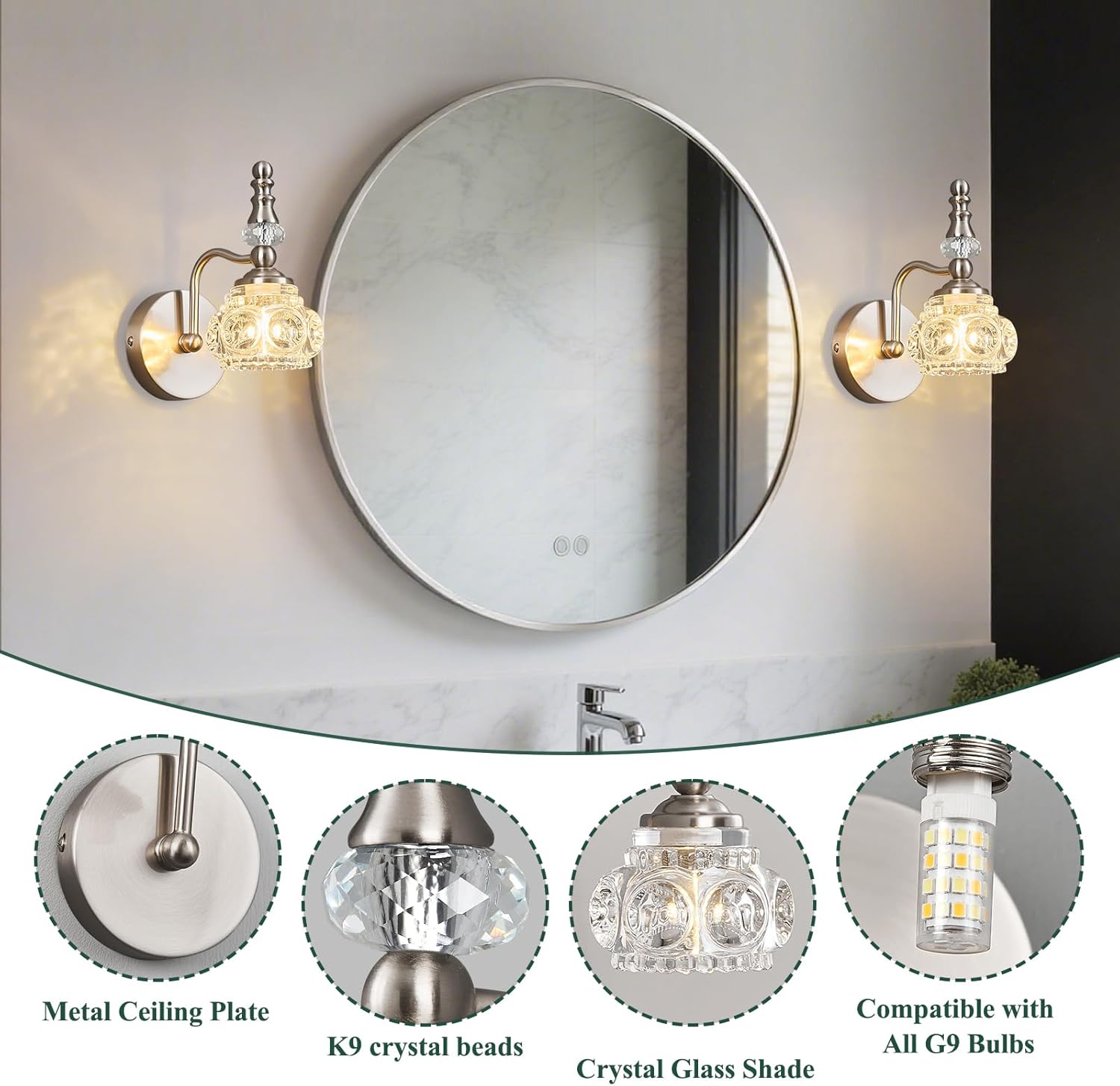 Modern Wall Sconce Set of Two Indoor Wall Lamp Nickel Vintage Wall Sconces Glass Wall Light Bathroom Vanity Light Fixture Wall Mounted Room Sconce Wall Lighting