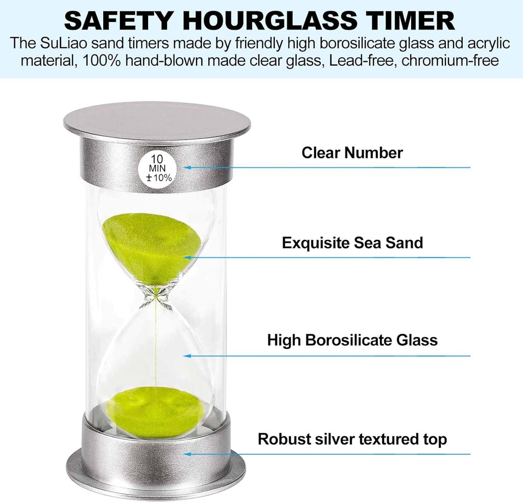SuLiao Sand Timer 10 Minute Hourglass, Green Sand Watch 10 Min, Large SandClock Ten Minute, Colorful Plastic Hour Glass Sandglass for Kids, Games, Classroom, Kitchen, Decor