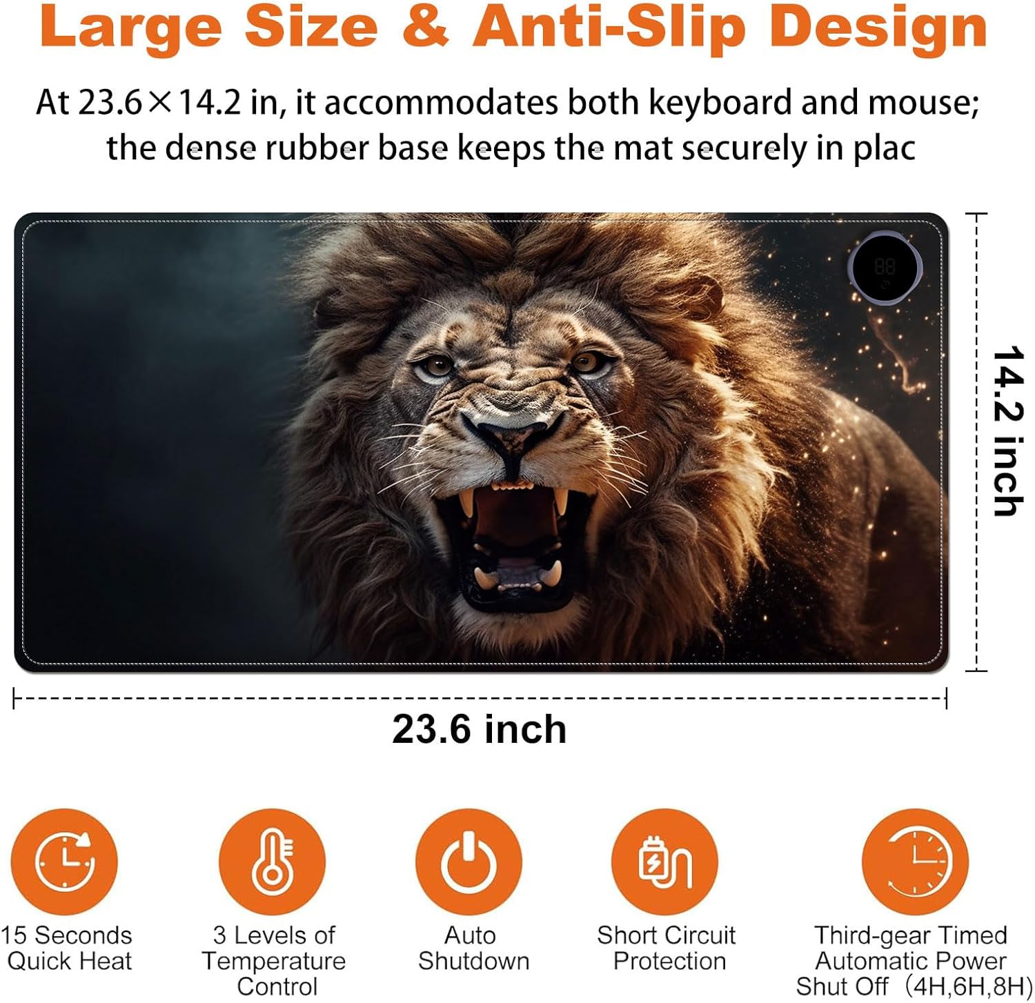 Small Heated Desk Pad 23.6" x 14.2" – Compact Electric Mouse Pad with 3 Heating Levels, Auto Shut-Off, Waterproof PU Surface, Plug-in Warmer for Office or Home Use, Roaring Lion
