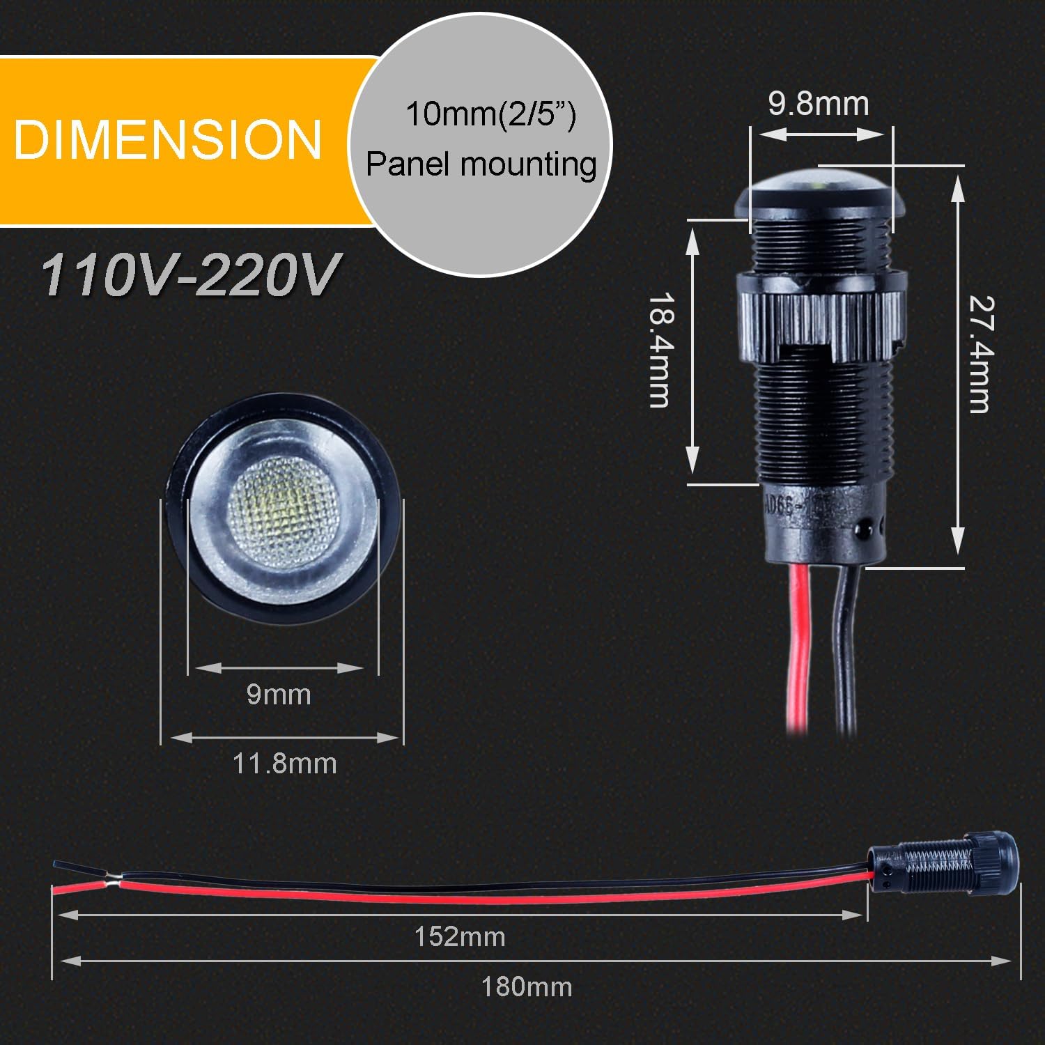 5pcs 10mm LED Indicator Light Plastic Black Signal Dot Lamp 110-220VAC 2/5" Mounting Hole Size with 15cm/5.9in. Wire (White LED)