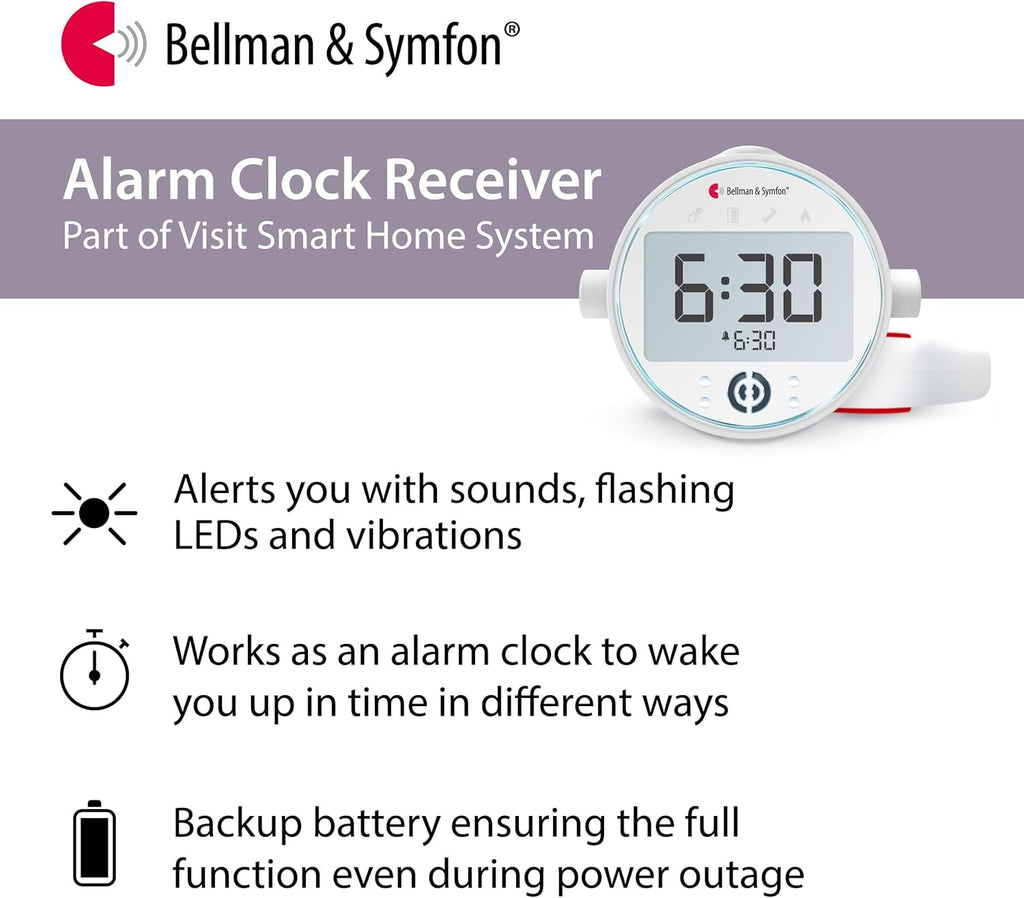 Bellman & Symfon Alarm Clock with Bed Shaker – Visit Smart Home System Hub Component – Deaf and Hard of Hearing – Vibrating Loud Alarm, Flashing Light Alerts, Emergency Receiver for Seniors