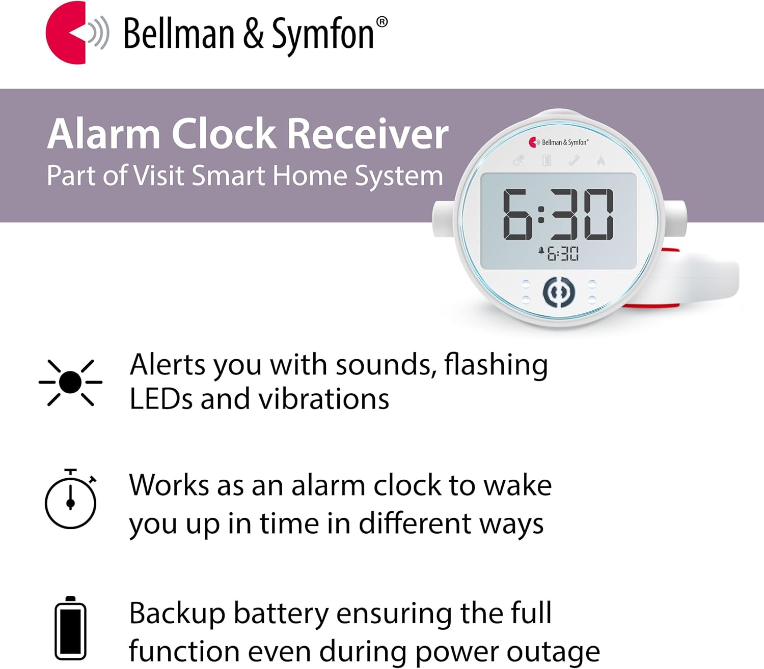 Bellman & Symfon Alarm Clock with Bed Shaker – Visit Smart Home System Hub Component – Deaf and Hard of Hearing – Vibrating Loud Alarm, Flashing Light Alerts, Emergency Receiver for Seniors