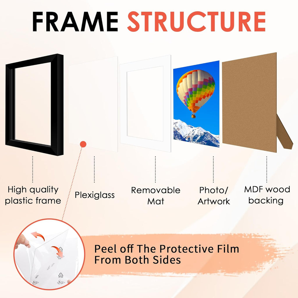 FIXSMITH 8x10 Picture Frame Set of 10, Black Photo Frames Bulk with HD Plexiglass, Display Pictures 5x7 with Mat or 8x10 Without Mat, Multi Picture Frames Collage for Tabletop or Wall Display