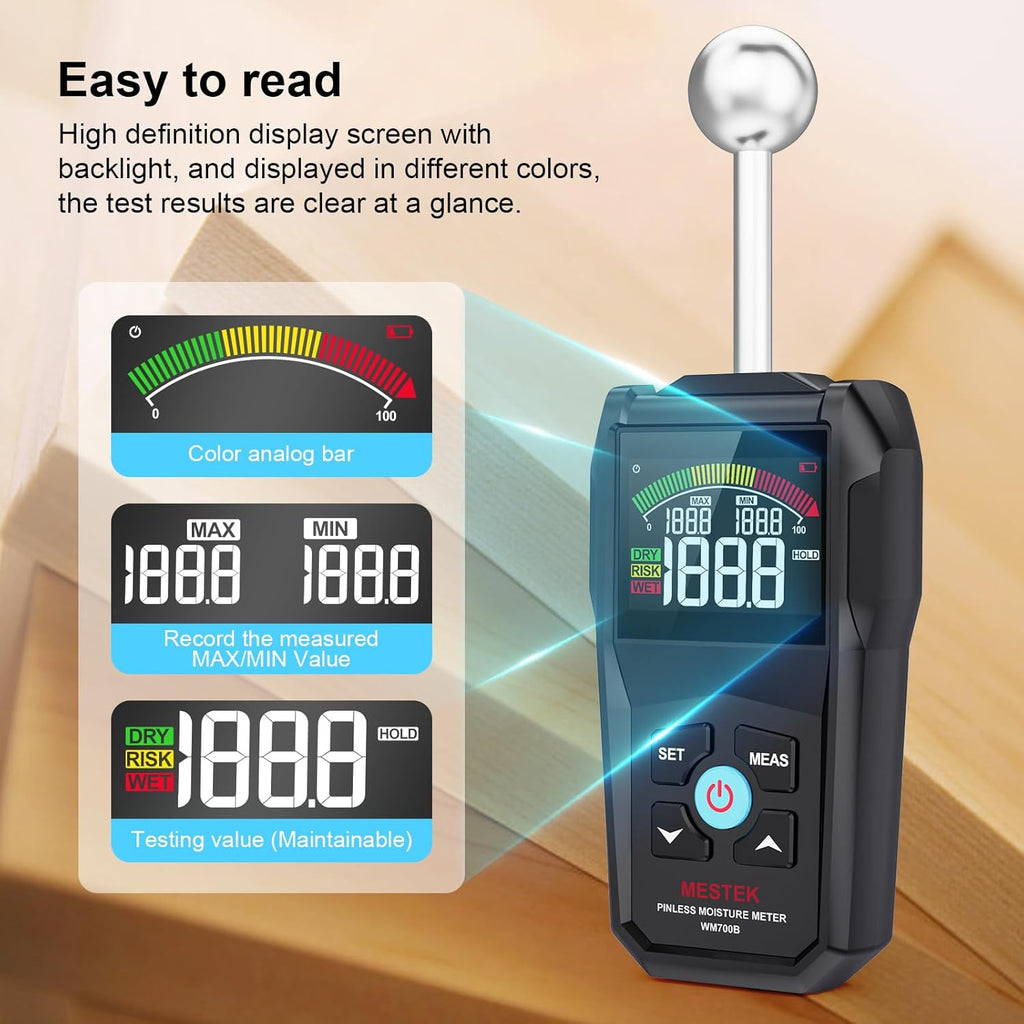 MESTEK Pinless Moisture Meter for Wood, Walls & Drywall, Digital Moisture Detector, Concrete Moisture Meter & Firewood Reader, Detects up to 40mm Below Surface with 3-Color LCD Display, Audible Alarm