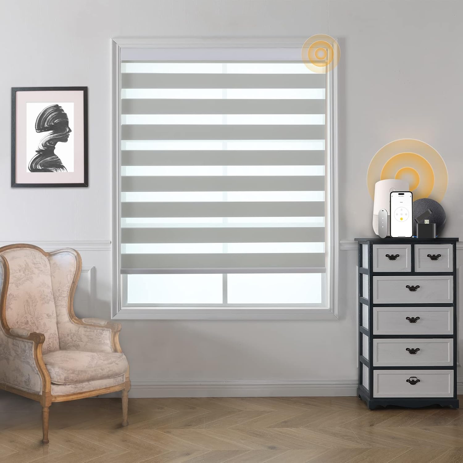 Motorized Blinds with Remote, Cordless Automatic Zebra Shades, Smart Blind for Windows, Grey, 20 x 72