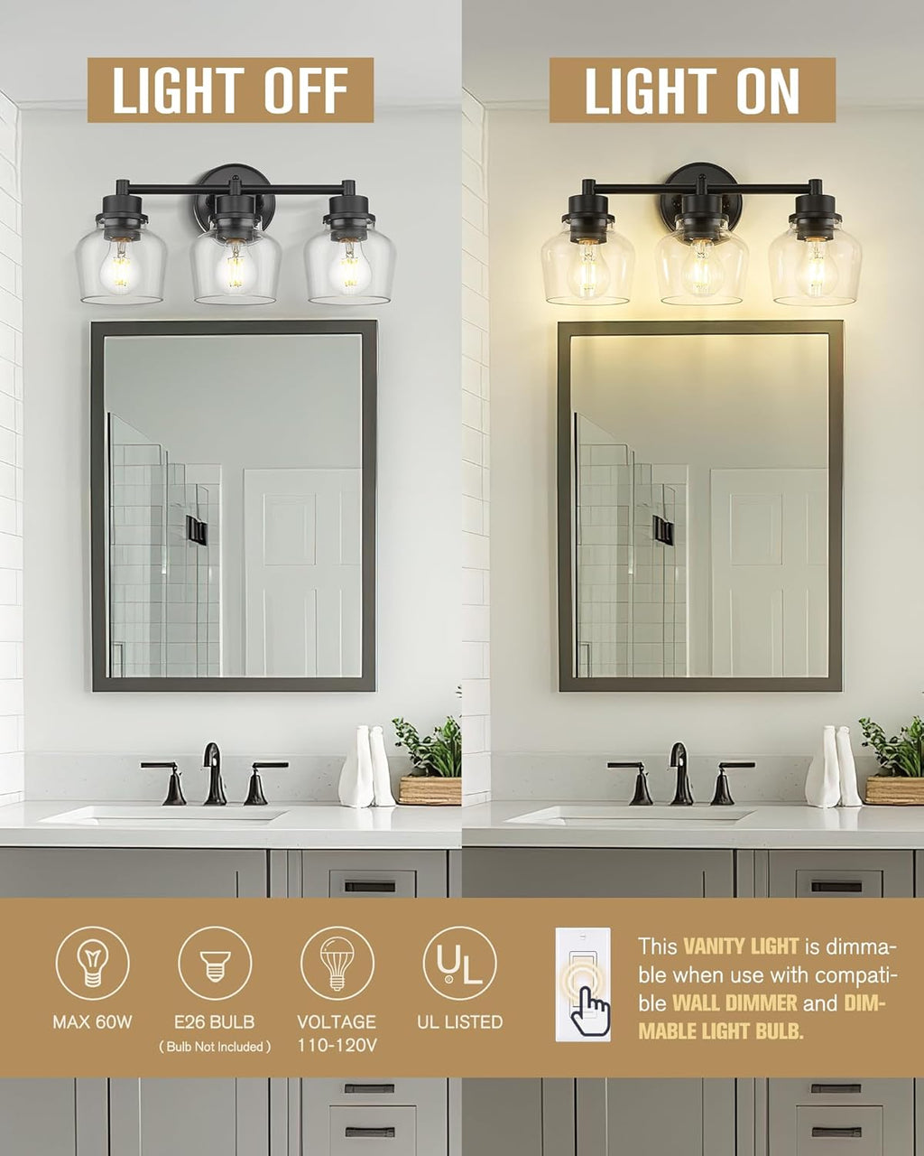 Emak 3-Light Bathroom Vanity Lights Over Mirror, Modern Bathroom Light Fixtures with Clear Glass Shade, Black Vanity Light for Bath, Makeup Desk, Mirror, VL122-BK-CG-3