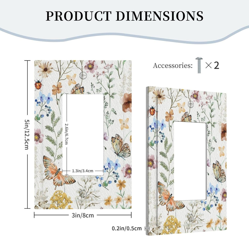 Personalized Wall Plate Decorative Light Switch Cover Boho White Background Butterfly Rustic Flower Single Rocker Switchplate 1 Gang Outlet Covers Decora Light Switch Plate