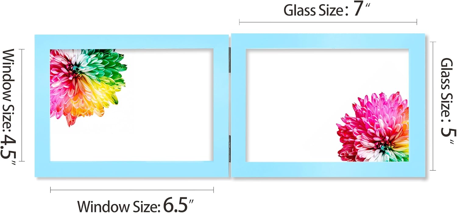 Double 5x7 Horizontal Combo, Soft-Blue Wood Picture Frame, 4.5x6.5 Opening Foldable Landscape View Photo Frame on Table-top or Wall