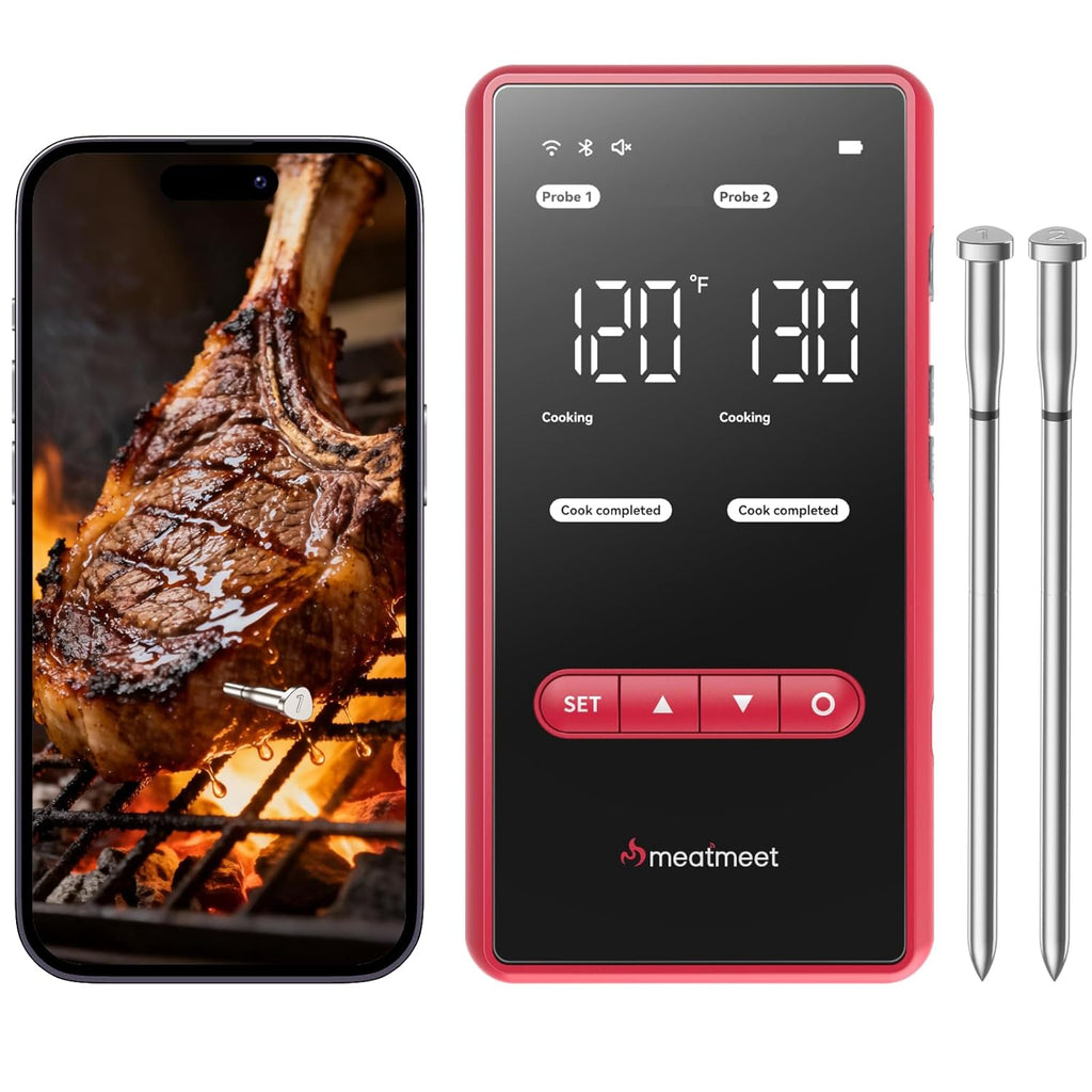 X Pro Wireless Meat Thermometer with Dual Wi-Fi & Bluetooth, Digital Meat Thermometer with 2 Probes & LED Display Base, 6 Built-in Sensors, IP69 Waterproof, for Grills, Ovens, Smokers & BBQs