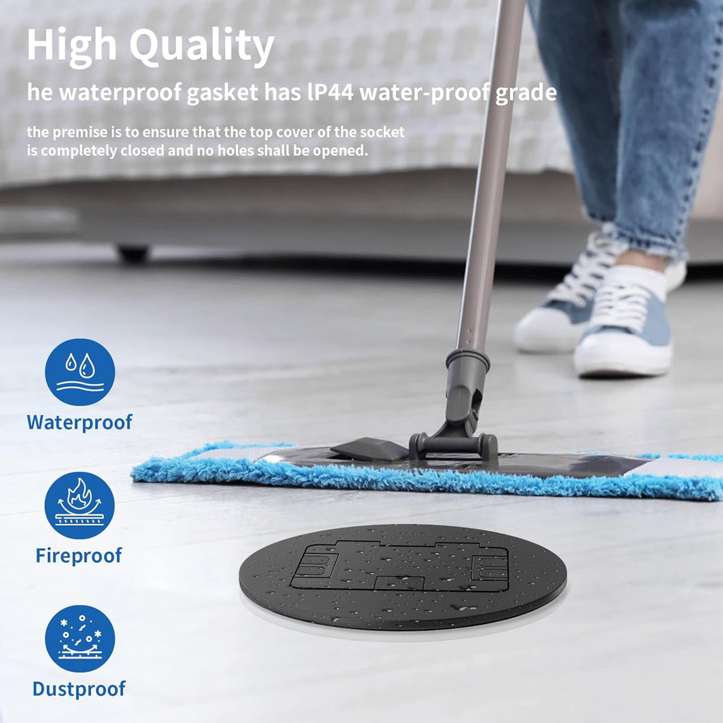 Vagueior Recessed Floor Electrical Outlet Kit, Circular Hidden Duplex 20A Tamper-Resistant Receptacle Outlet ，Waterproof Electrical Outlet Covcer Box,UL Certified,Black（2 Pack