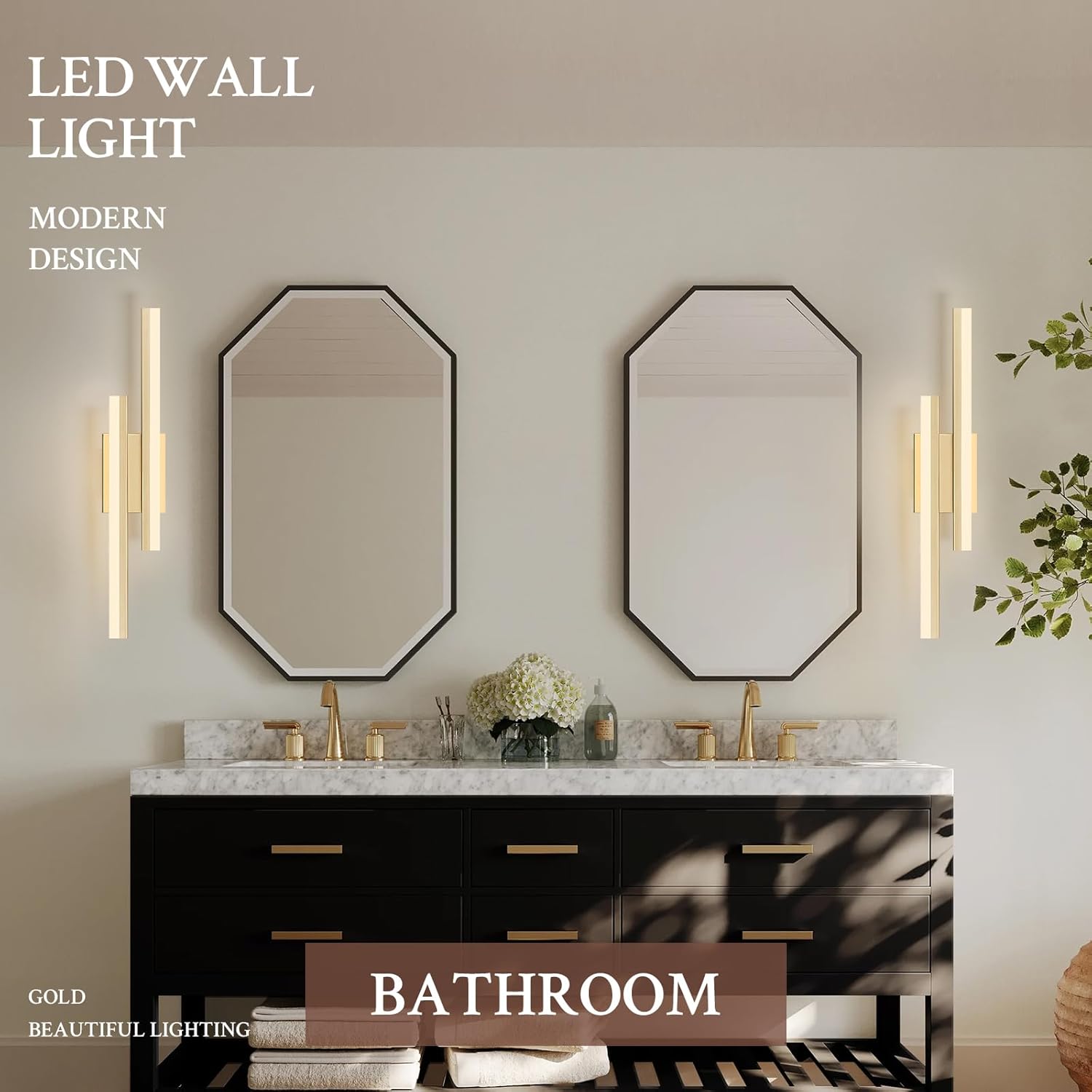 LED Wall Sconce Set of 2 Gold Remote Modern LED Vanity Lights Set of 2 Indoor Wall Light Fixtures for Living Room, Dimmable Wall Sconce for Bedside Bedroom Bathroom, 23.6inch 2 Pack