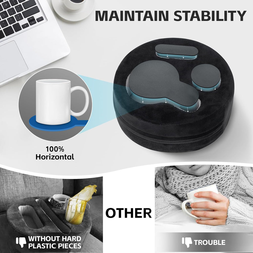 G GOOD GAIN Couch Cup Holder Pillow, Cute Sofa Drink Cup Holder Cozy Buddy | Desk Organizer for Mugs, Snacks, Phone, Makeup | Bed Caddy Tray for Car, Beach, Picnic, Boat, RV, Table (Black)