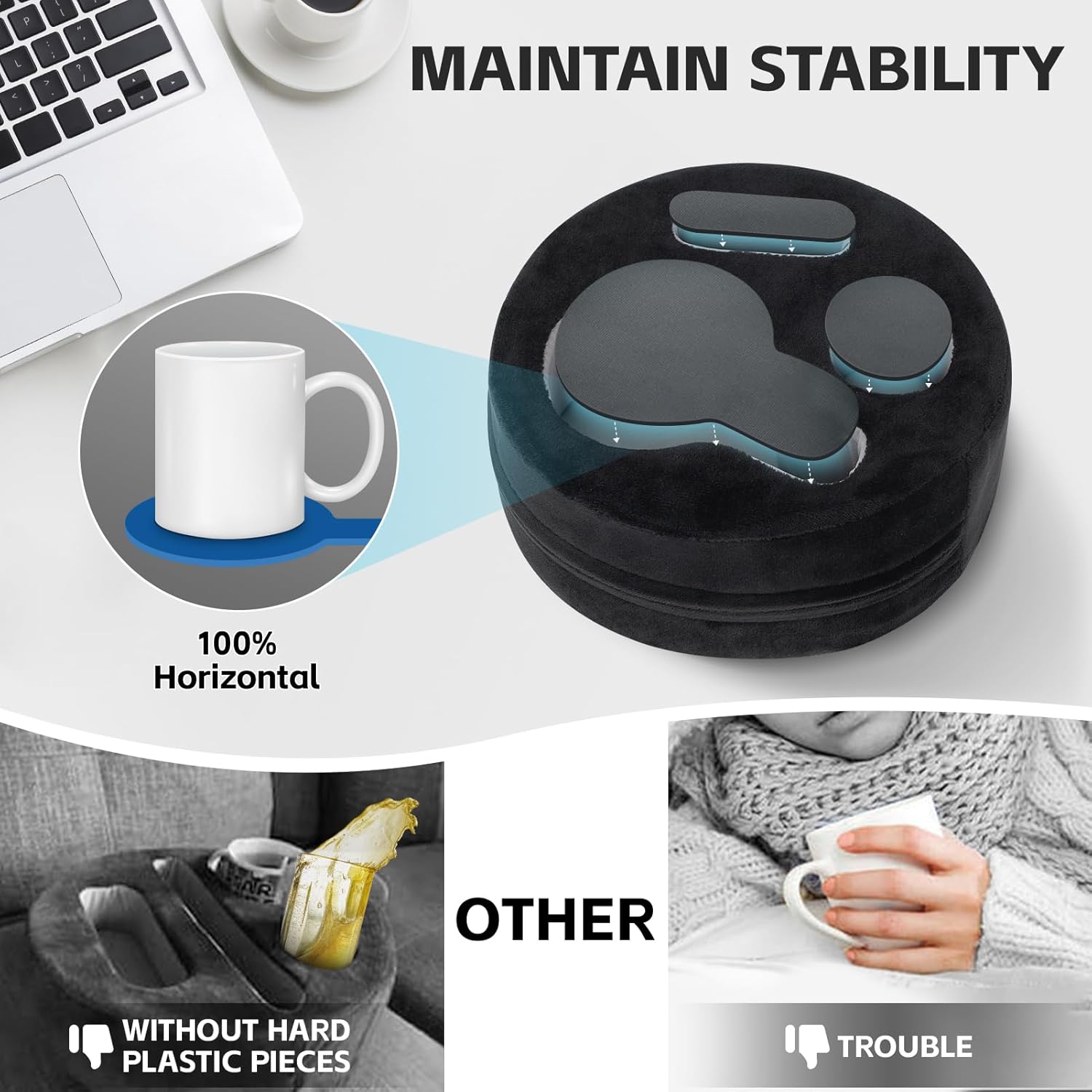 G GOOD GAIN Couch Cup Holder Pillow, Cute Sofa Drink Cup Holder Cozy Buddy | Desk Organizer for Mugs, Snacks, Phone, Makeup | Bed Caddy Tray for Car, Beach, Picnic, Boat, RV, Table (Black)