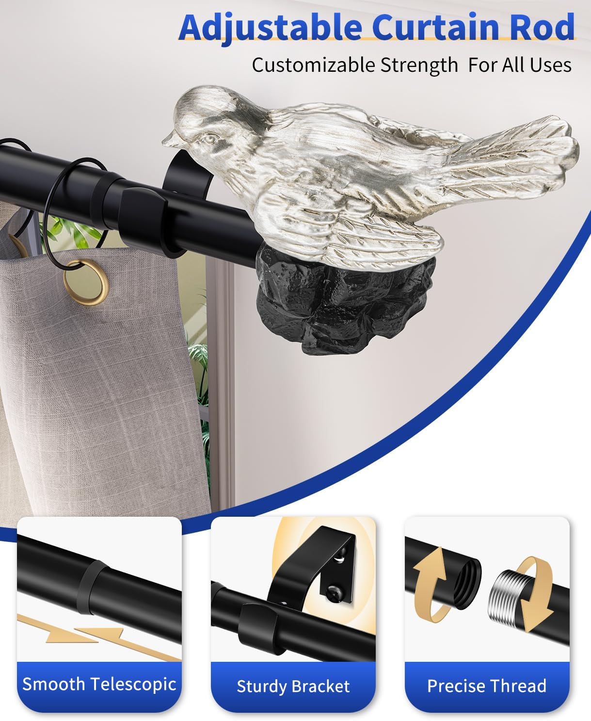 Vintage Pewter Curtain Rod 18 to 45 Inches Curtain Rods for Windows Adjustable Heavy Duty Drapery Rod with Bird Finials for Kitchen Window Living Room