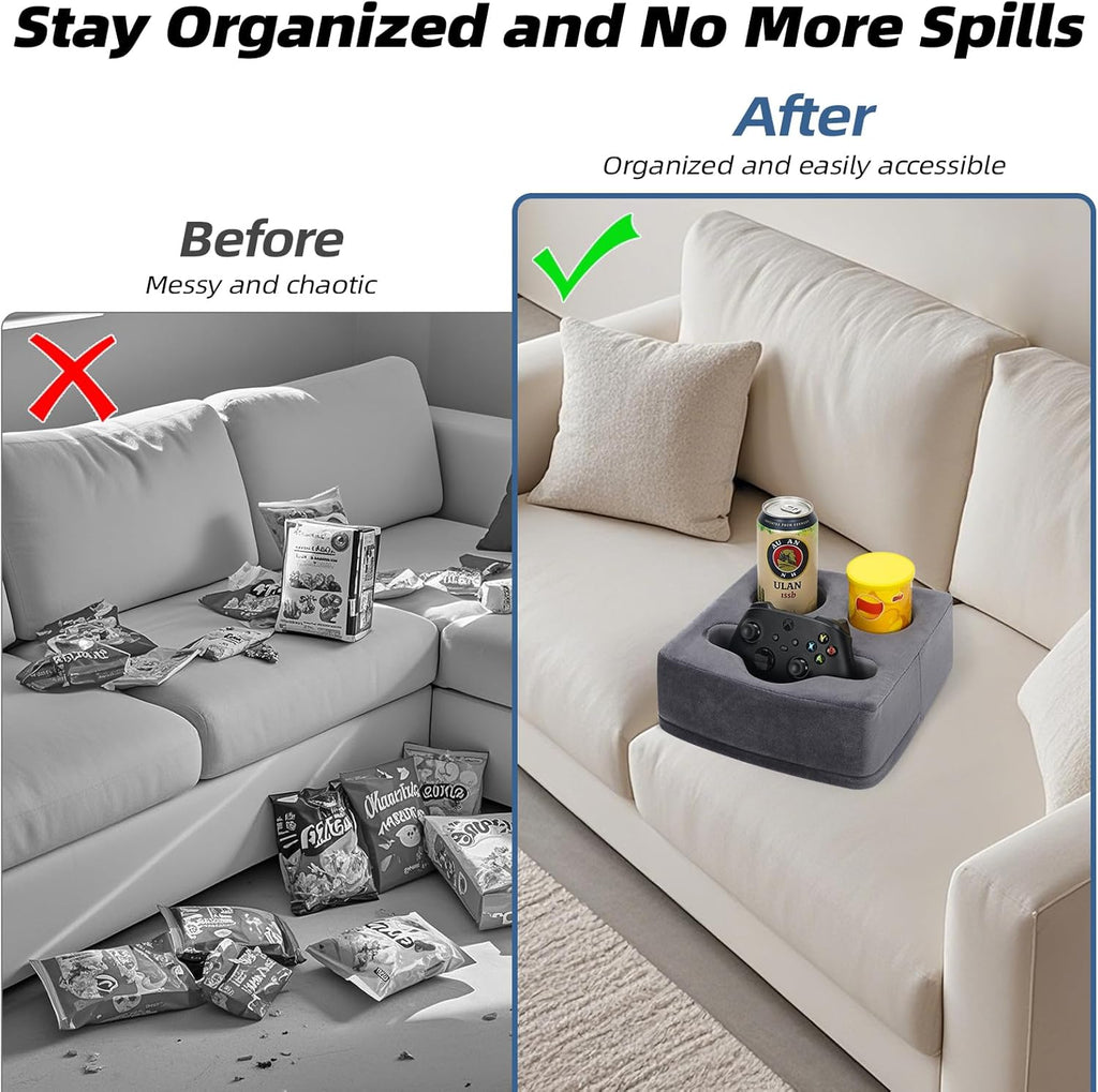 G GOOD GAIN Couch Cup Holder Pillow, Spill-Proof Sofa Drink Cup Holder & Multi-Use Organizer for Sofa, Bed, Car, Beach - Holds Mugs, Phone, Snacks, Remote Control, KeepTemp Design (Grey)