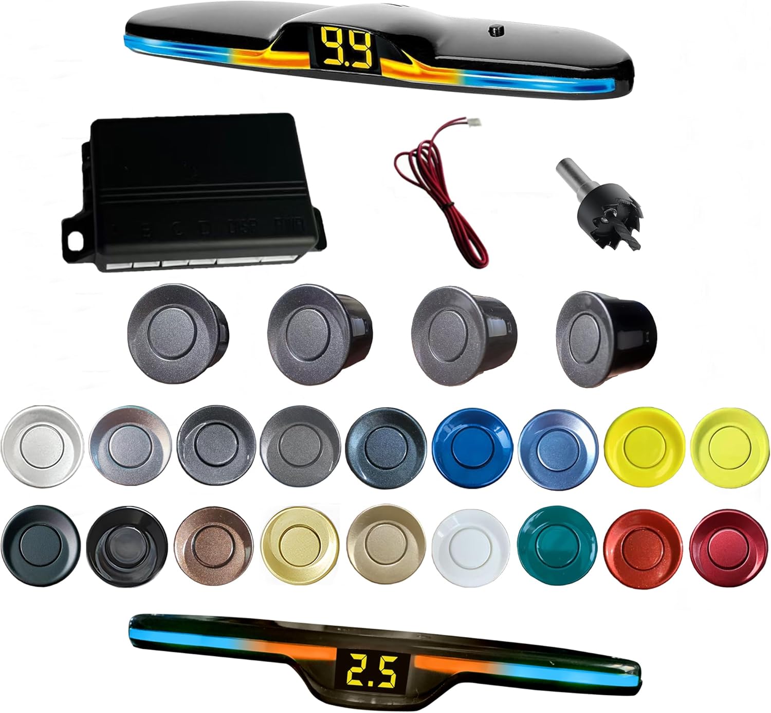New Feature Rear Parking Sensor with Selectable Distance in Feet, Bidirectional Display Options, and Customizable Numeric Orientation and There are 18 Color Probes to Choose from(Dark Grey)
